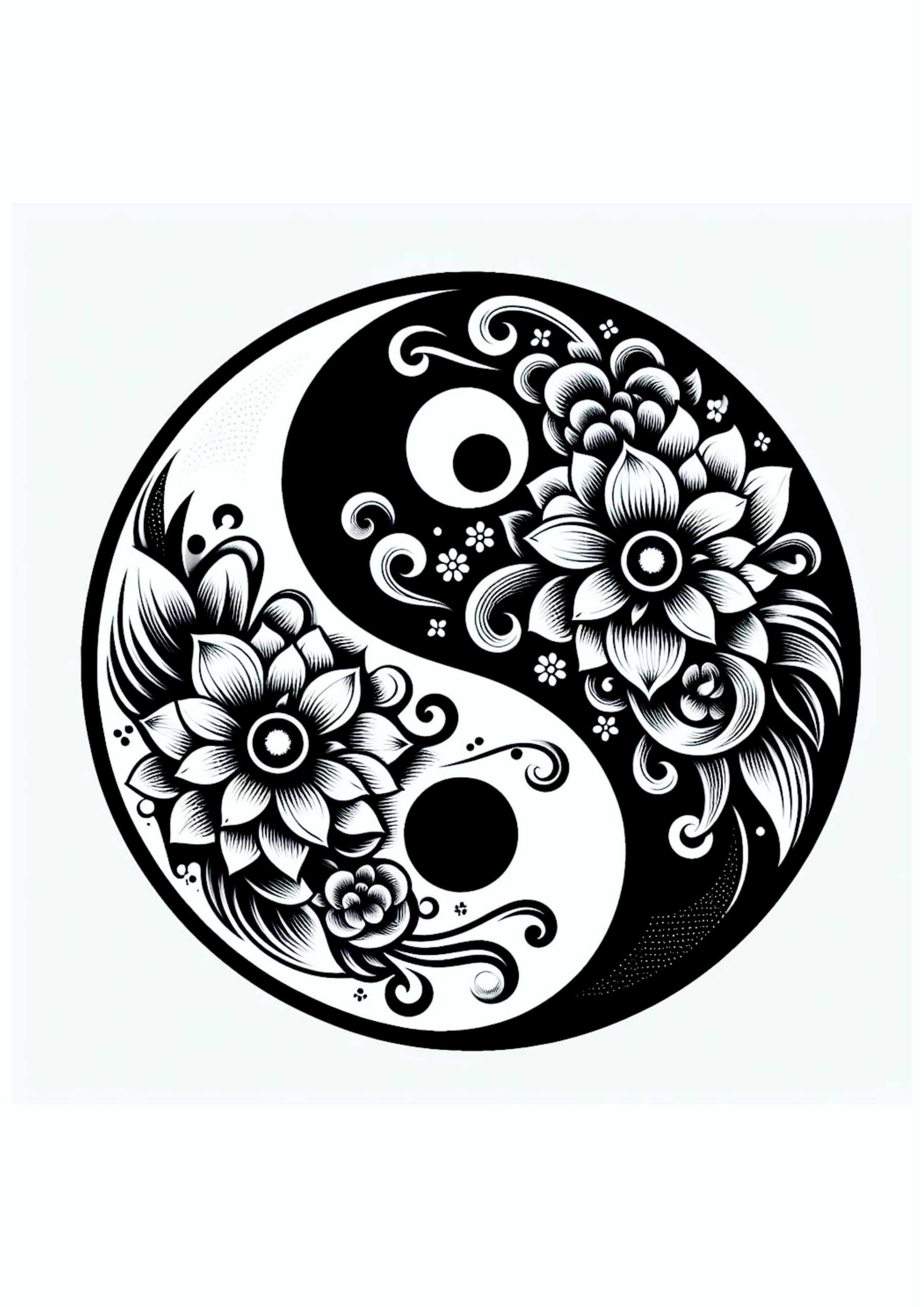 Desenho para tatuagem monocromática yin e yang flores e folhas luz e escuridão design para imprimir artes gráficas ilustração png