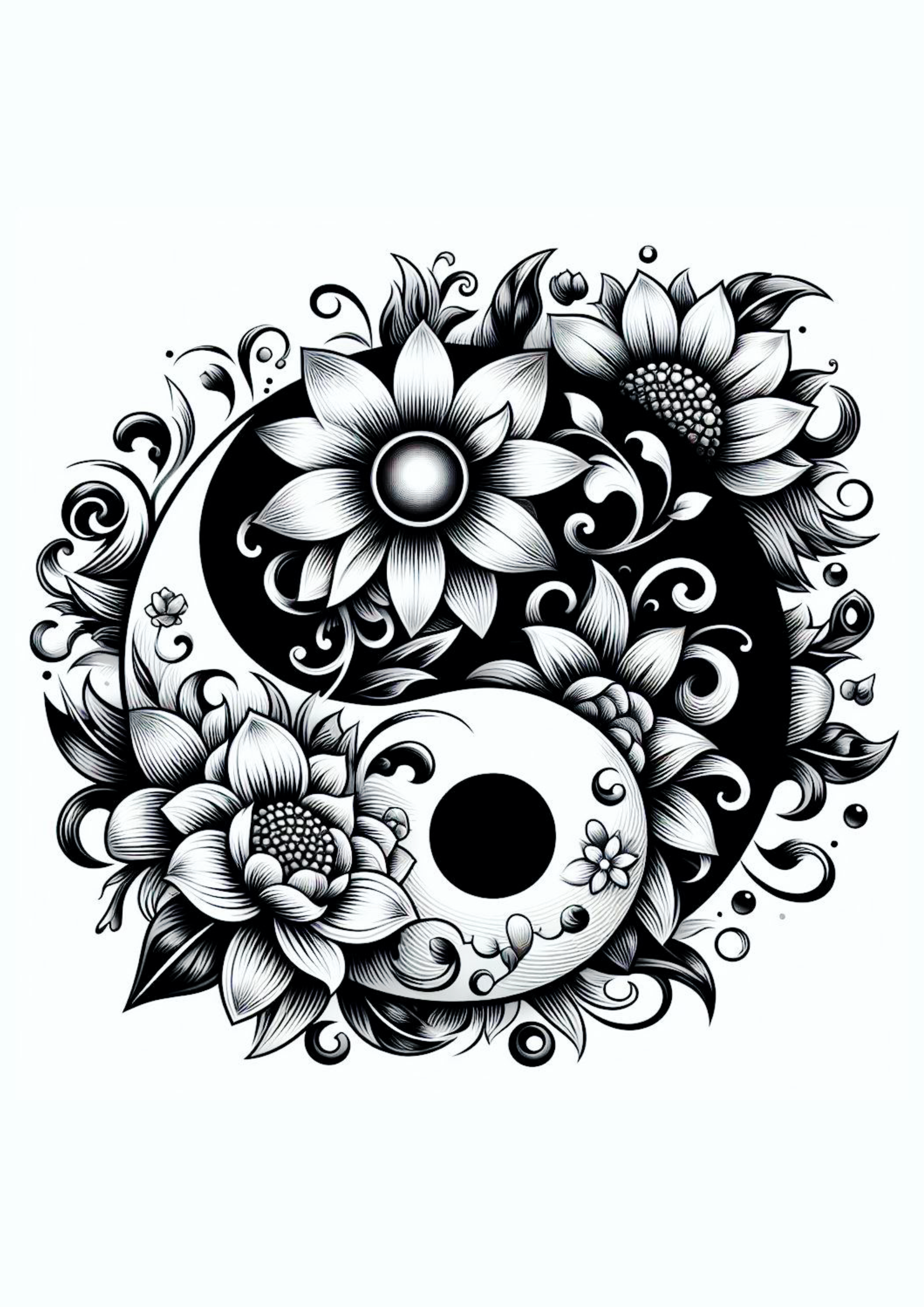 Desenho para tatuagem monocromática yin e yang flores e folhas luz e escuridão design para imprimir artes gráficas ilustração tatoo png