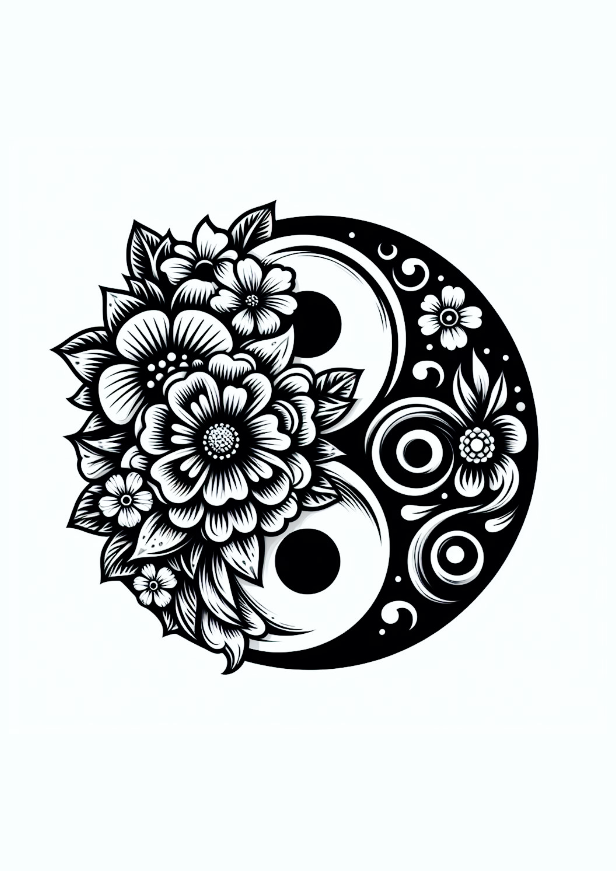 Desenho para tatuagem monocromática yin e yang flores e folhas luz e escuridão design para imprimir artes gráficas ilustração tatoo free png