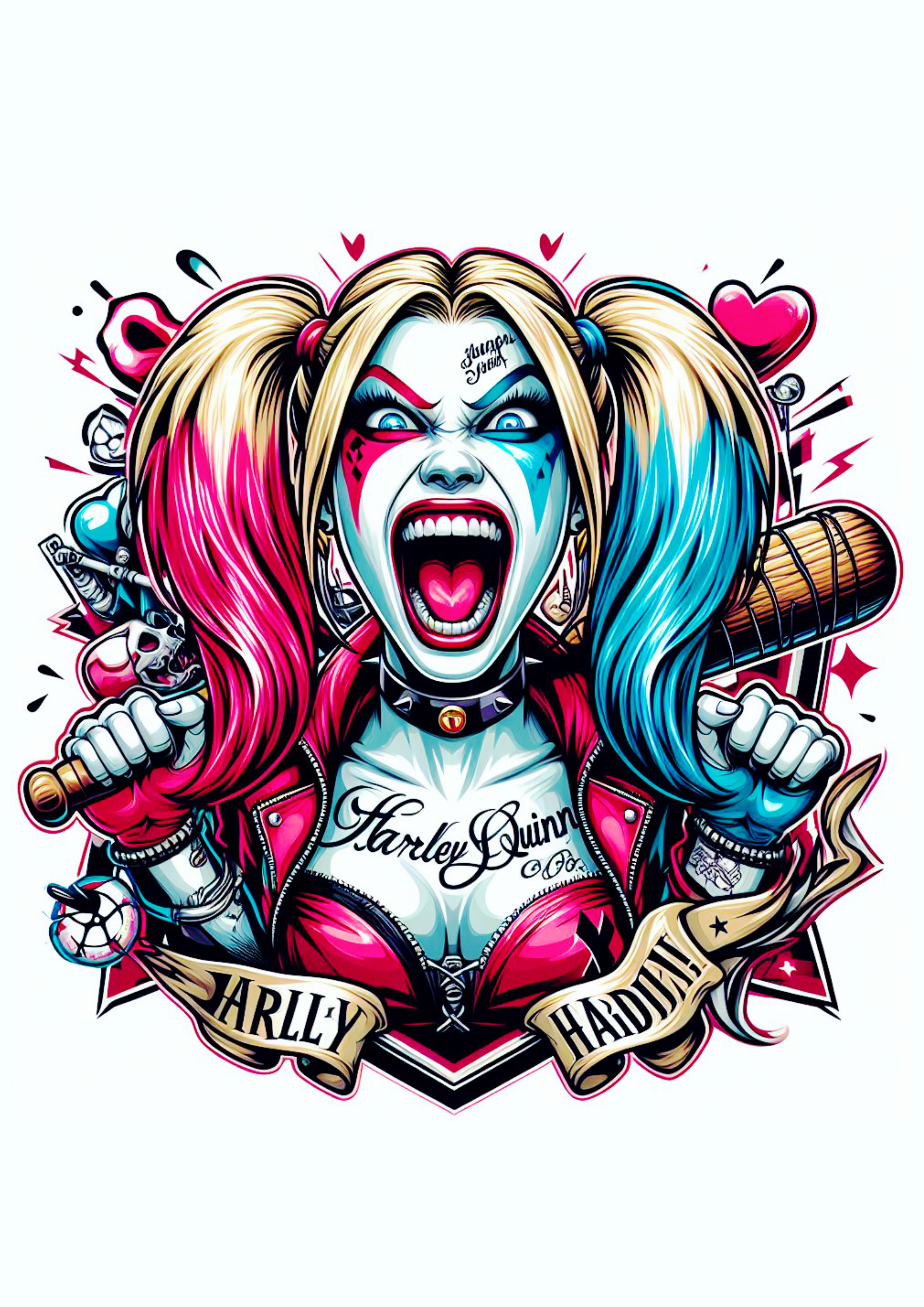 Arlequina desenho colorido para tatuagem Harley Quinn artes visuais png