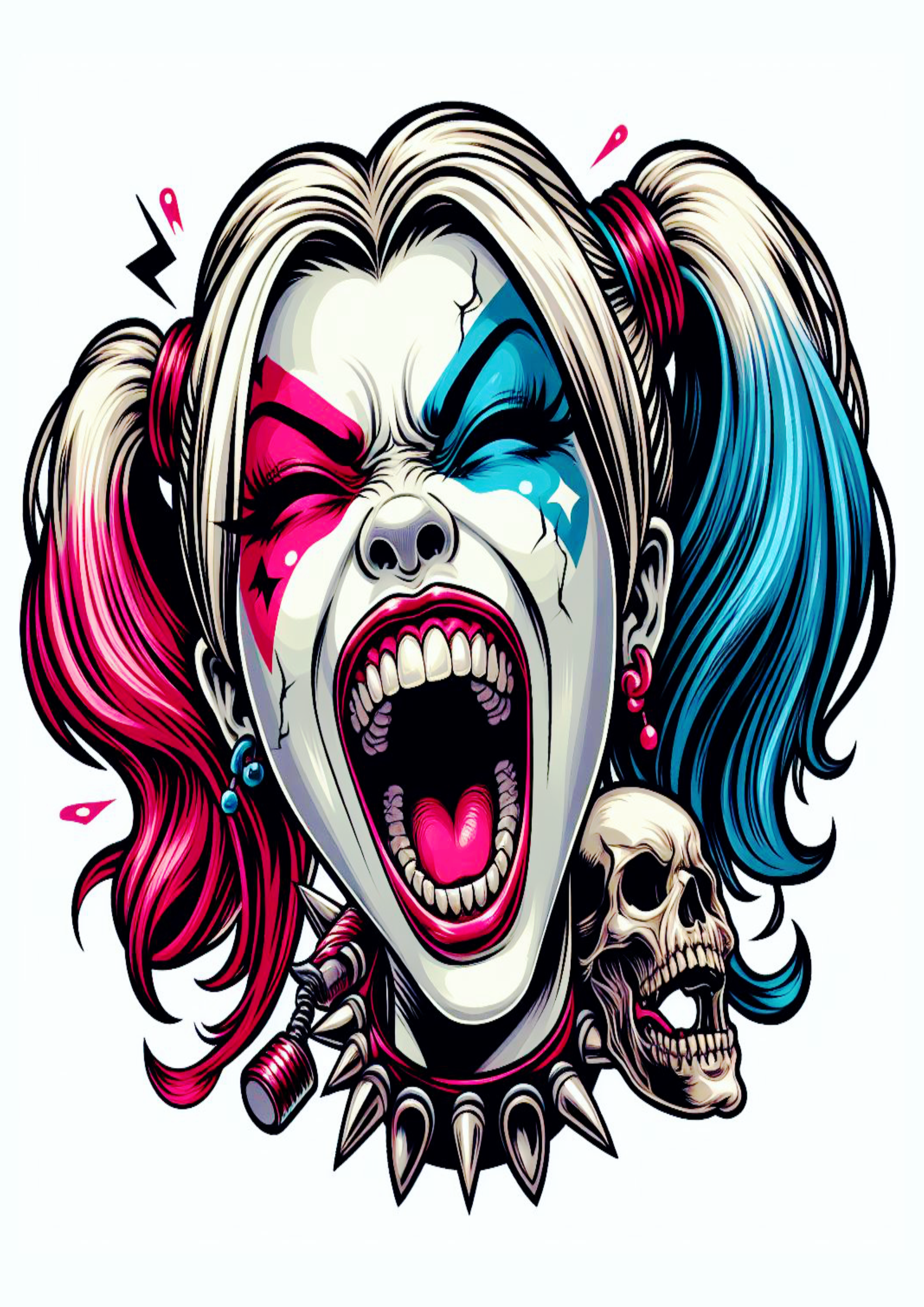 Arlequina gritando desenho colorido para tatuagem Harley Quinn artes visuais png