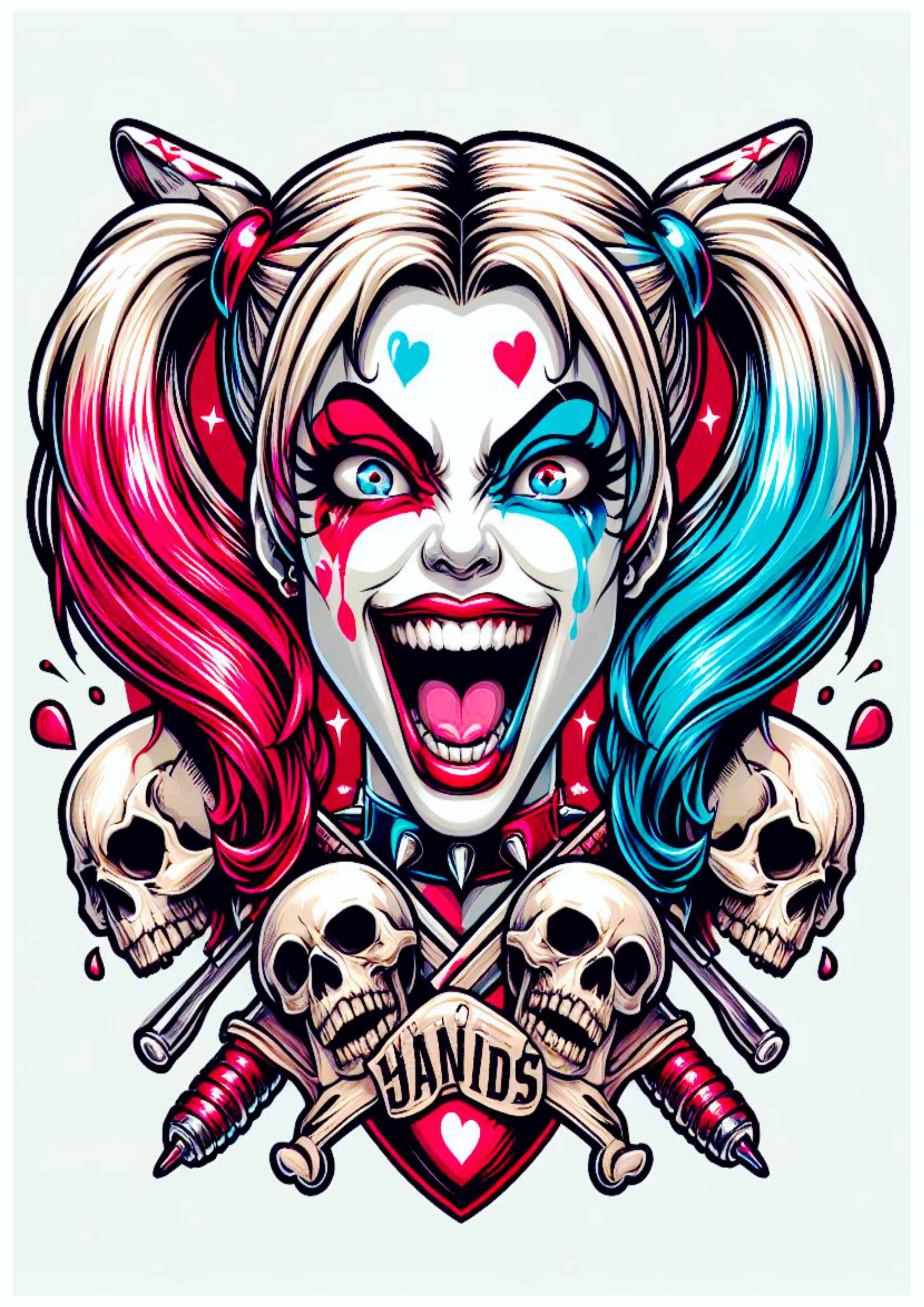 Arlequina desenho colorido para tatuagem psicodélica com caveiras Harley Quinn artes visuais png