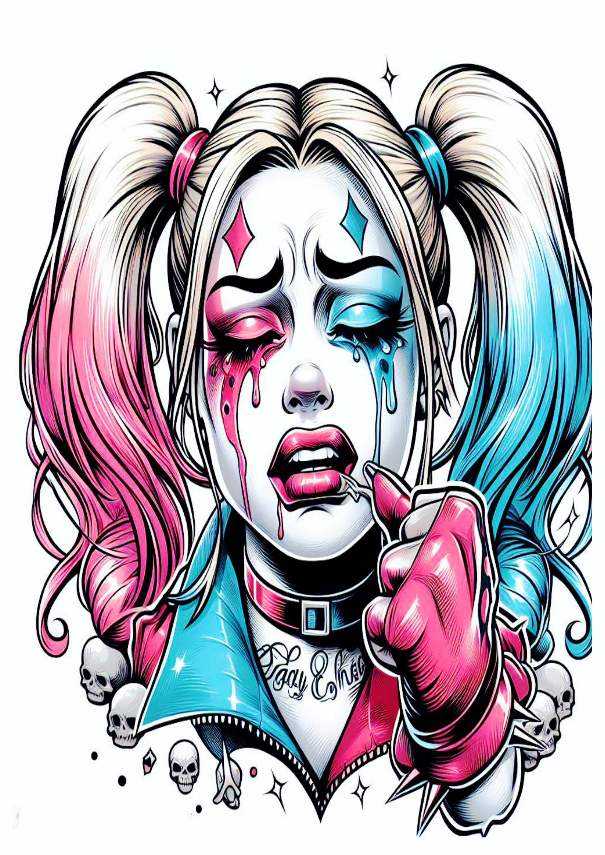 Arlequina chorando desenho colorido para tatuagem Harley Quinn png