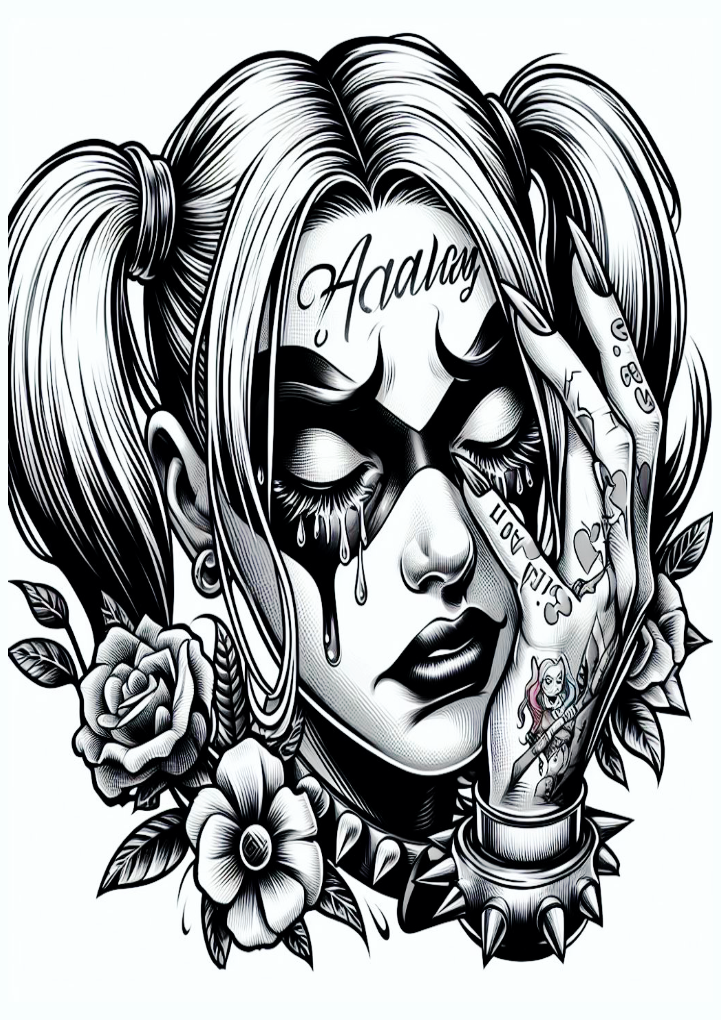 Arlequina chorando desenho monocromático para tatuagem Harley Quinn png