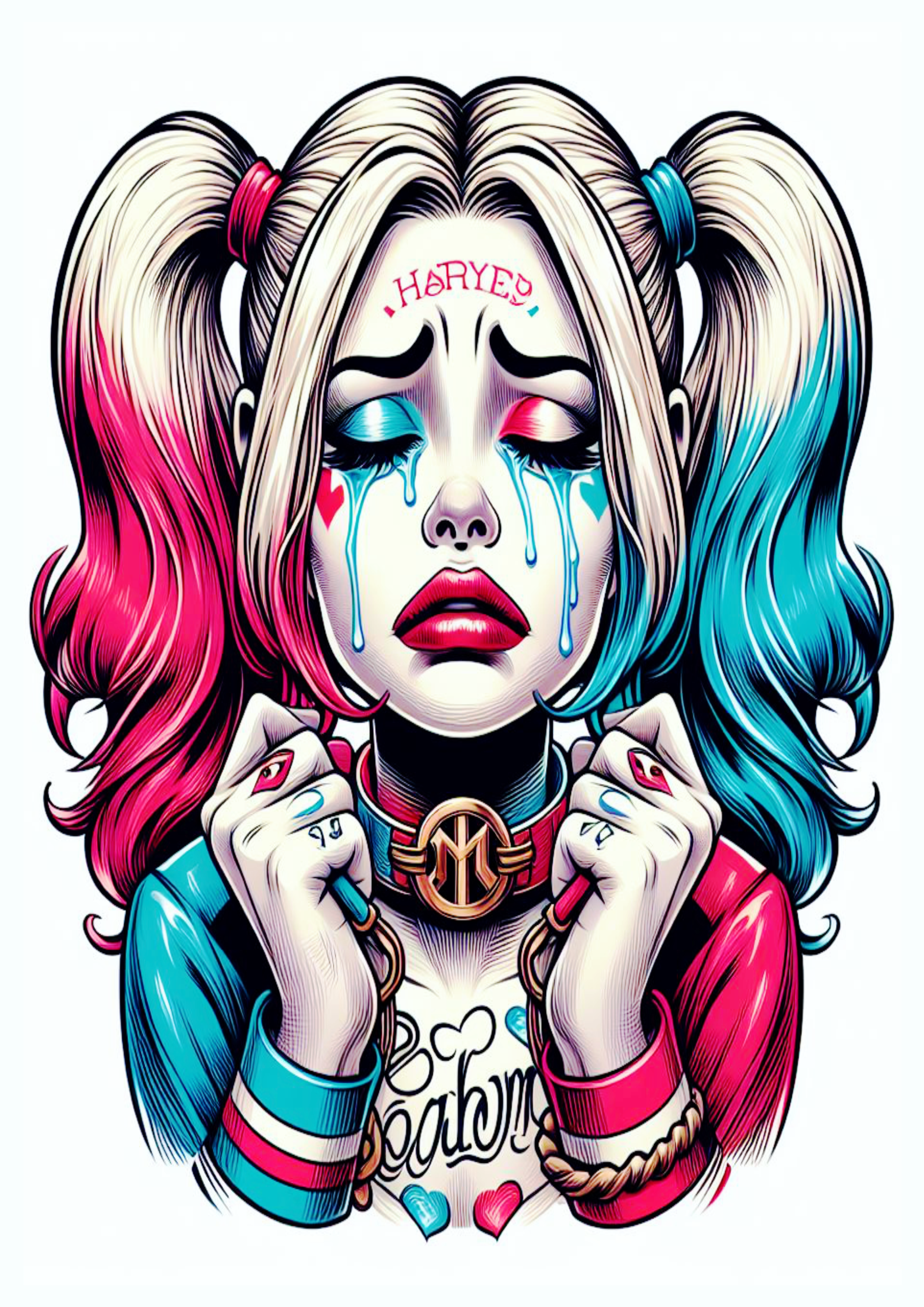 Arlequina chorando desenho colorida para tatuagem Harley Quinn desespero png