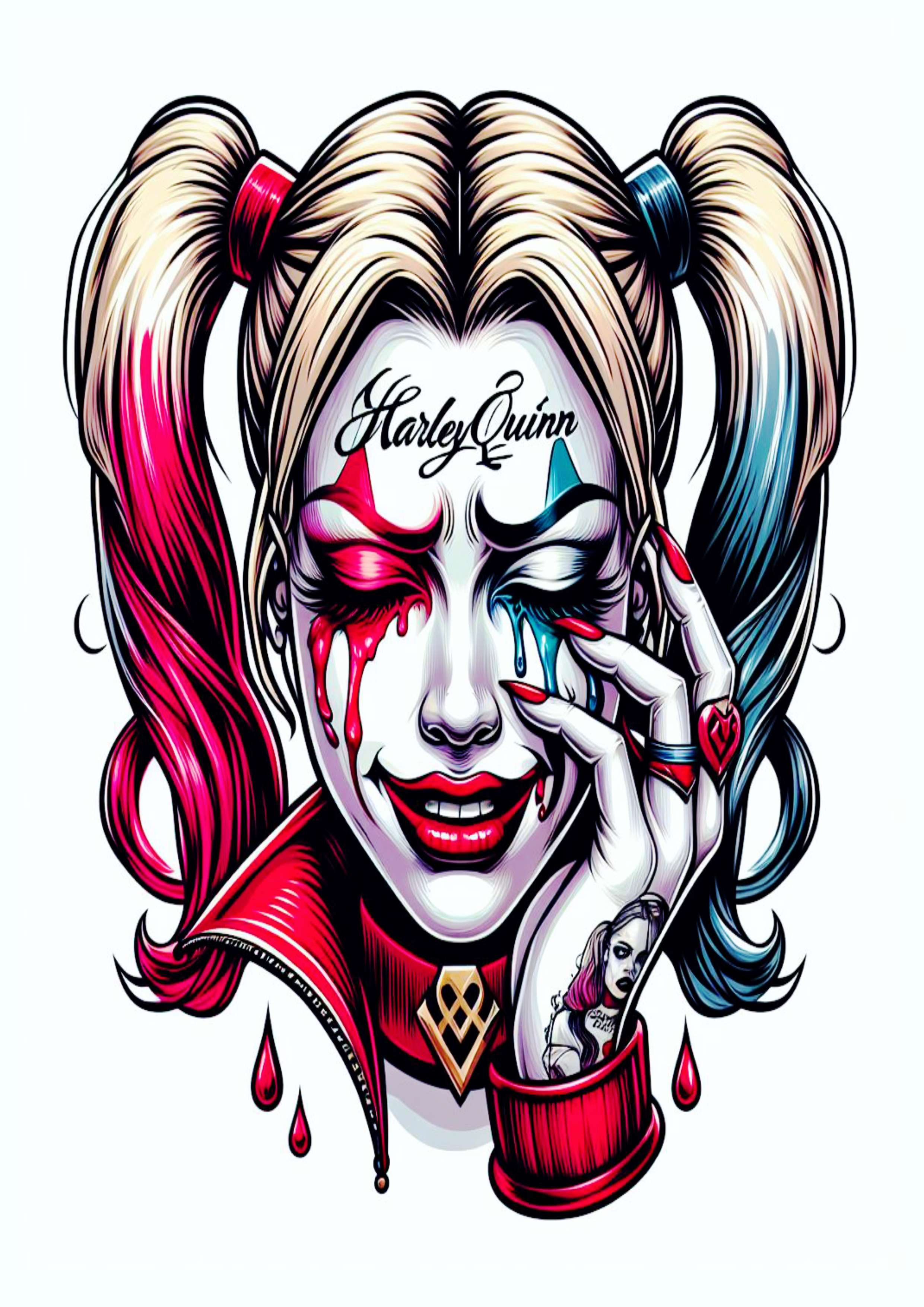 Arlequina chorando desenho colorida para tatuagem Harley Quinn desespero psicopata png
