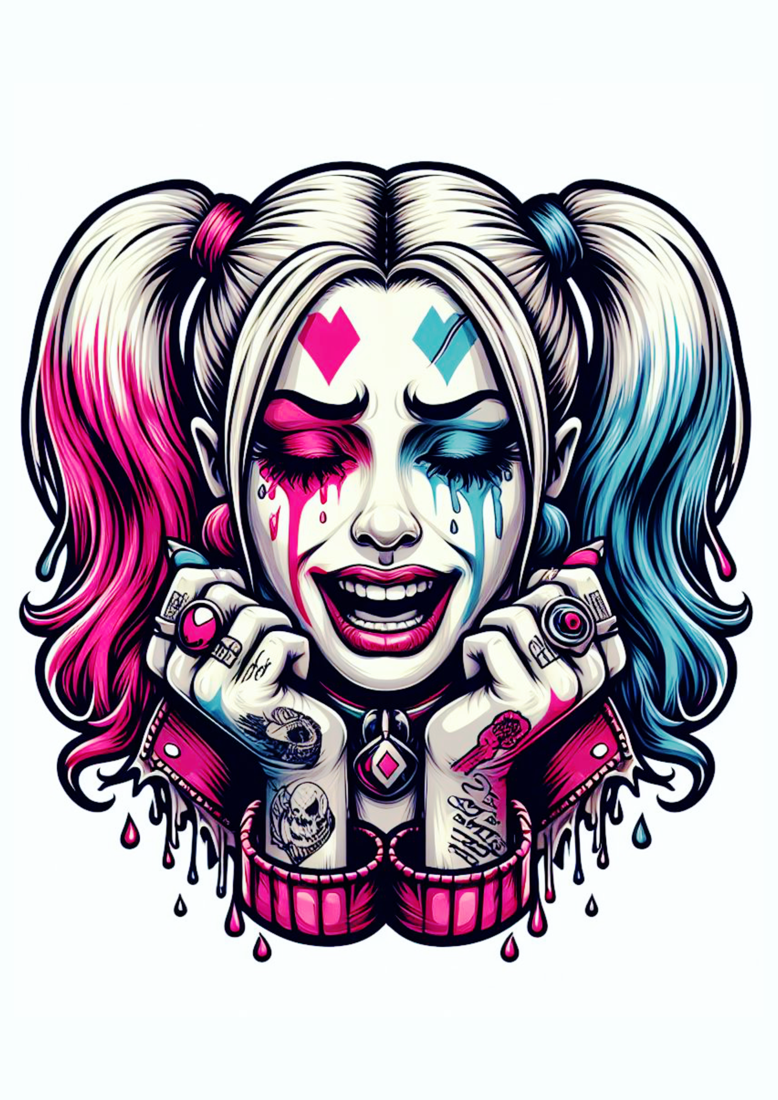 Arlequina chorando desenho colorida para tatuagem Harley Quinn desespero psicopata perturbadora png
