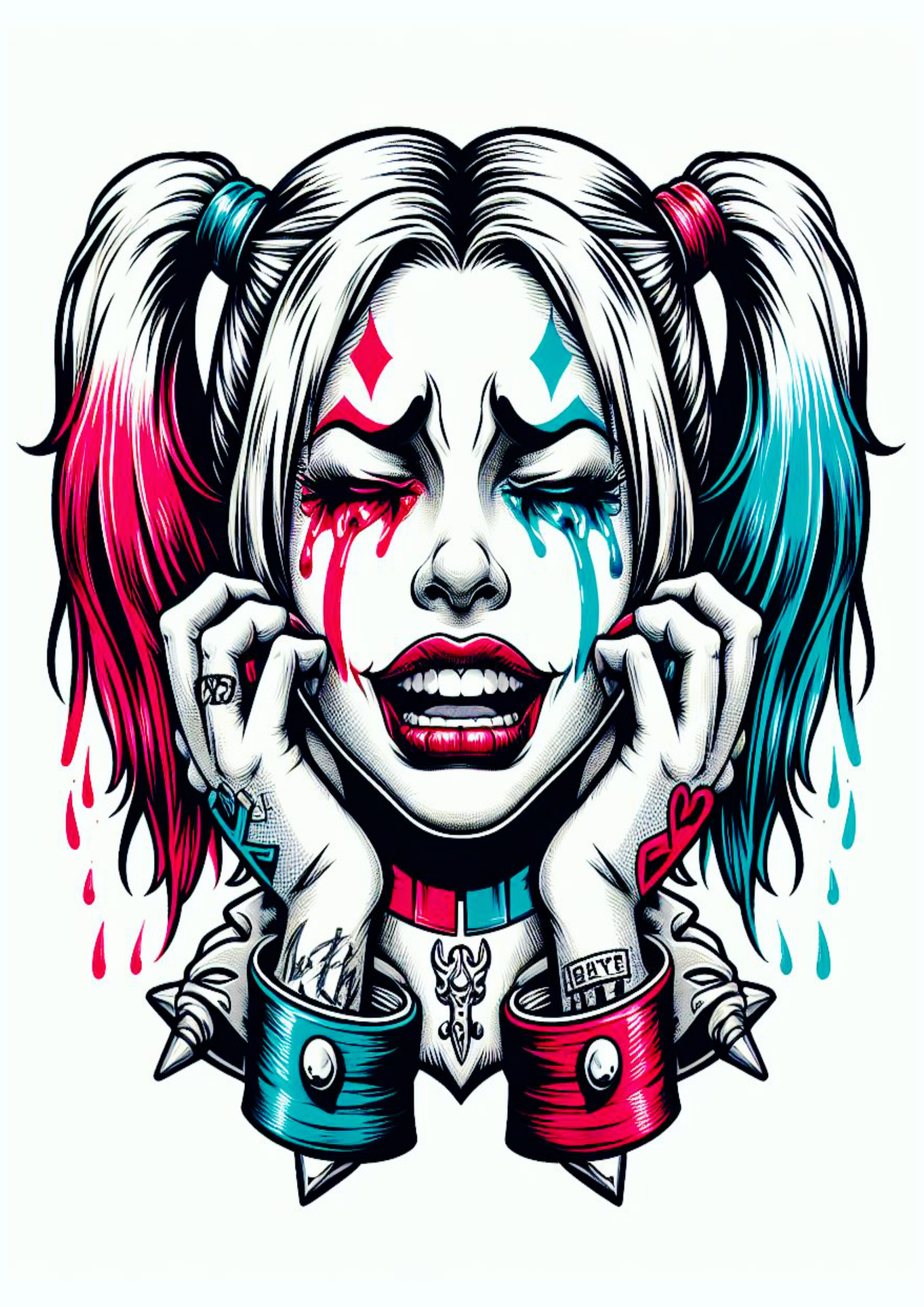Arlequina chorando desenho colorida para tatuagem Harley Quinn desespero psicopata perturbadora artes visuais png
