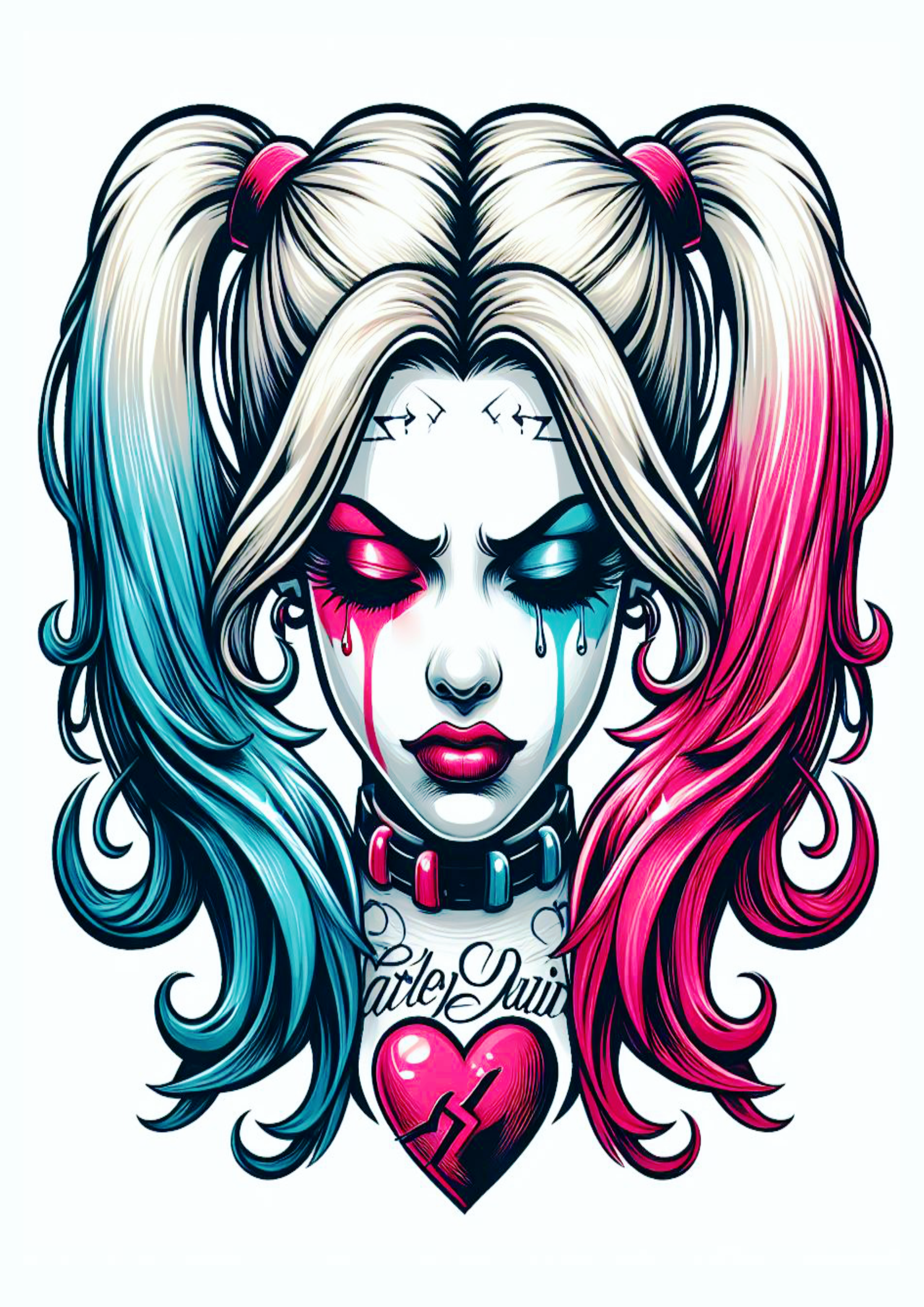 Arlequina chorando desenho colorida para tatuagem Harley Quinn desespero psicopata perturbadora artes visuais coração png