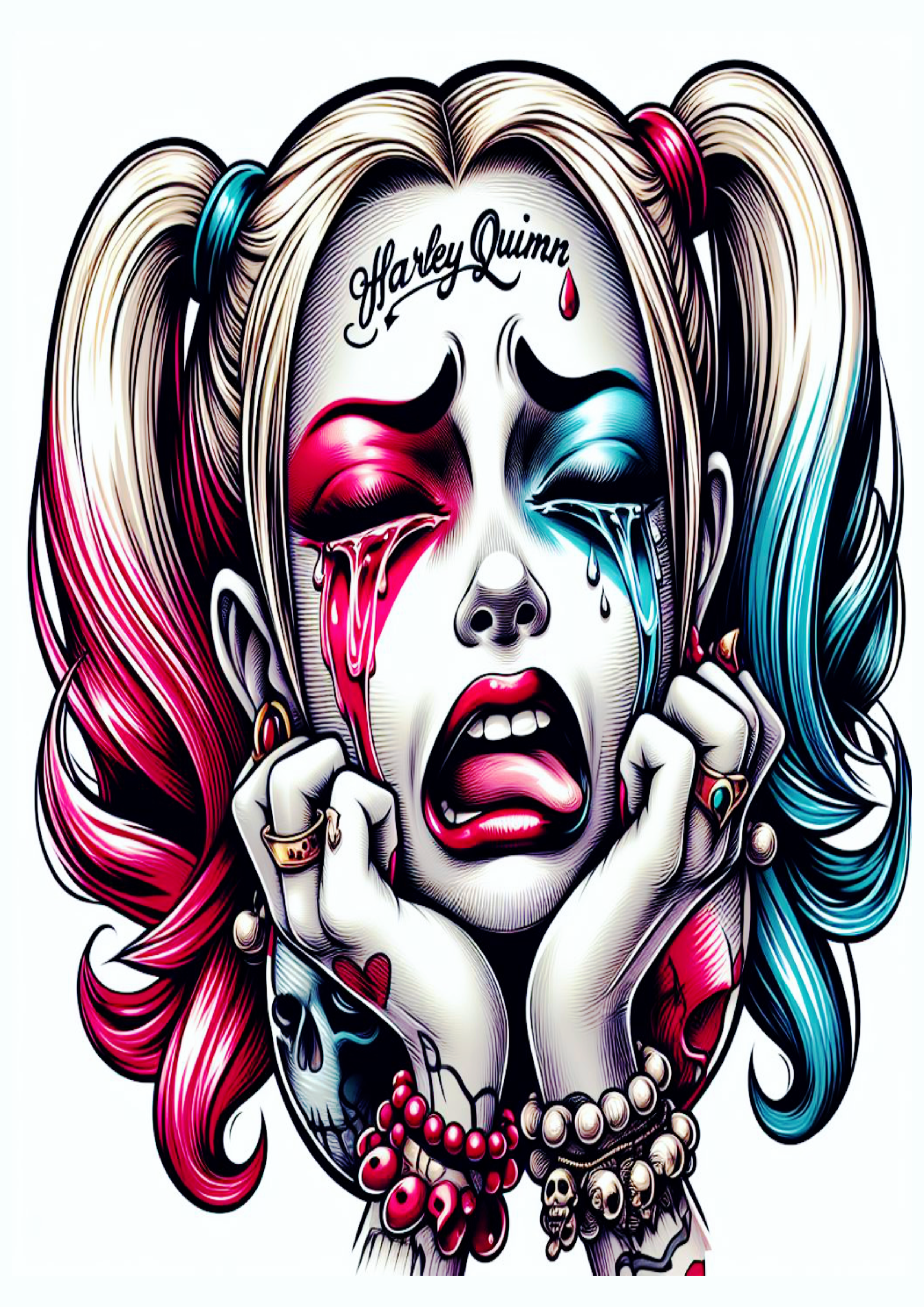 Arlequina chorando desenho colorida para tatuagem Harley Quinn desespero psicopata perturbadora artes gráficas png