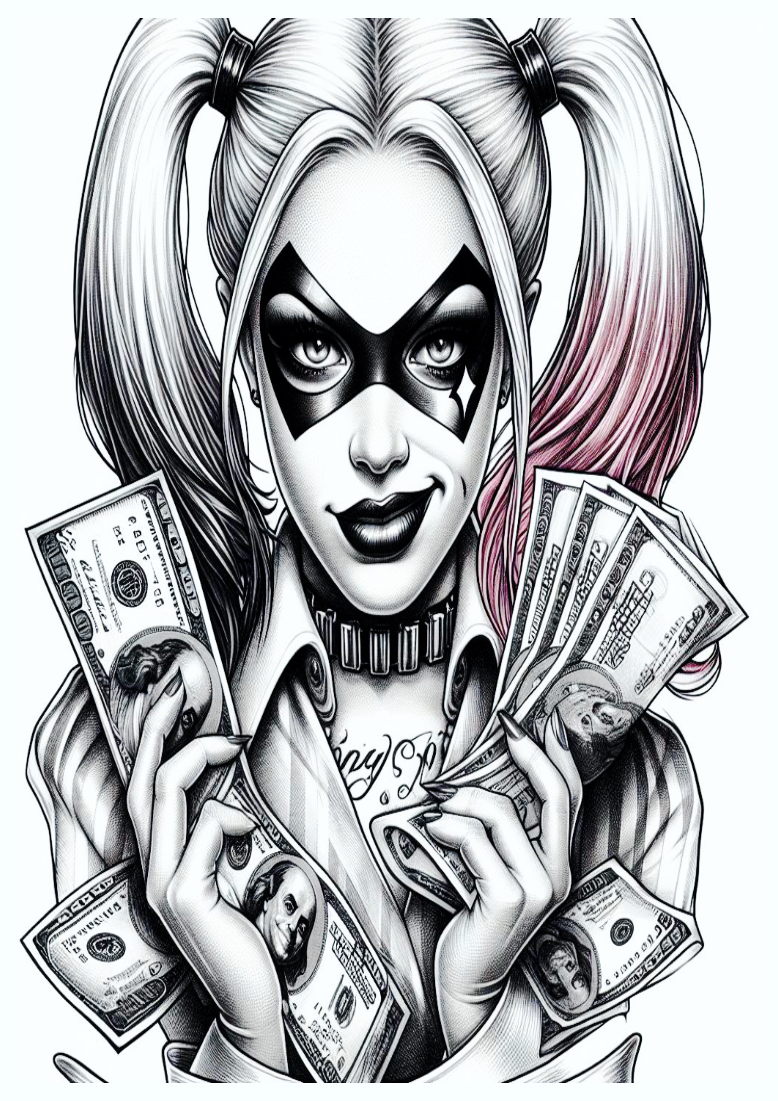 Arlequina desenho para tatuagem monocromático Harley Quinn segurando dólares png