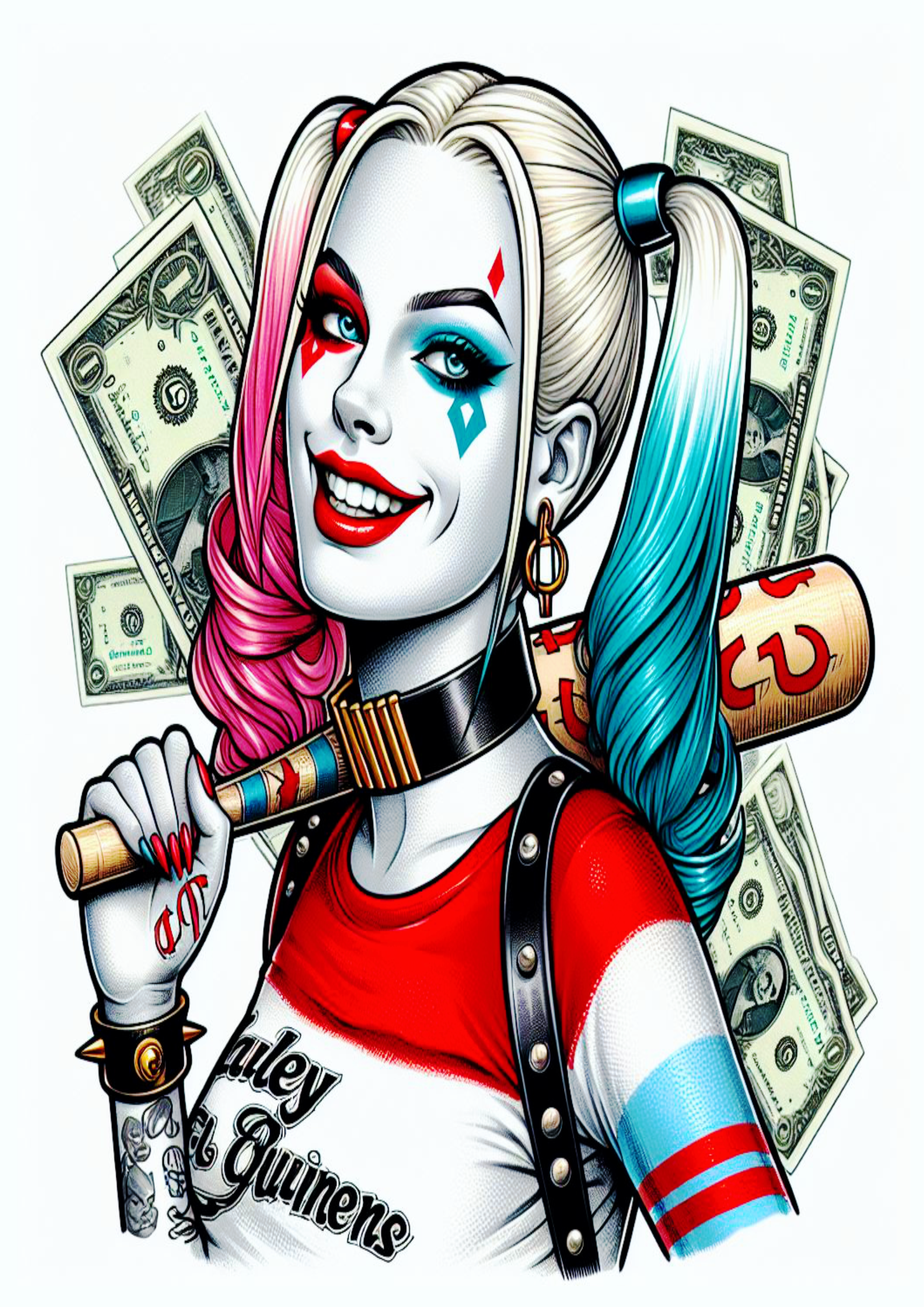 Arlequina desenho para tatuagem colorido Harley Quinn segurando dólares png