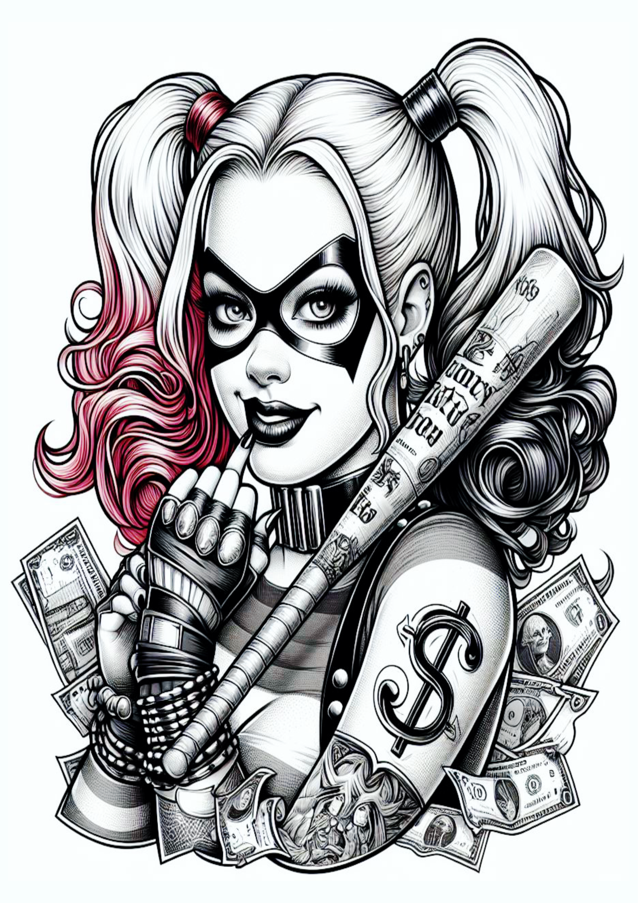 Arlequina desenho para tatuagem monocromático Harley Quinn segurando dólares bastão png