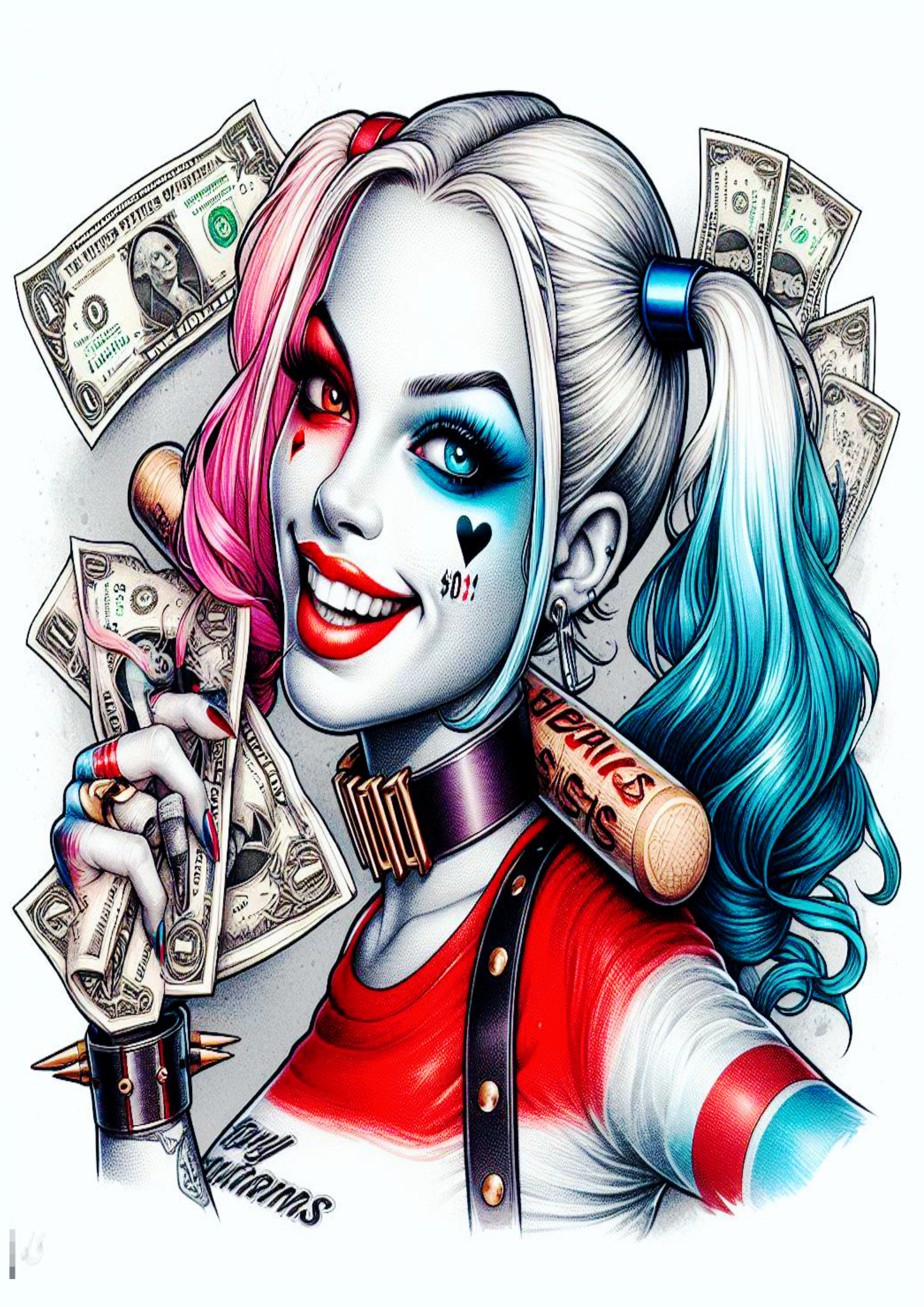Desenho para tatuagem colorida Harley Quinn Arlequina dólares png