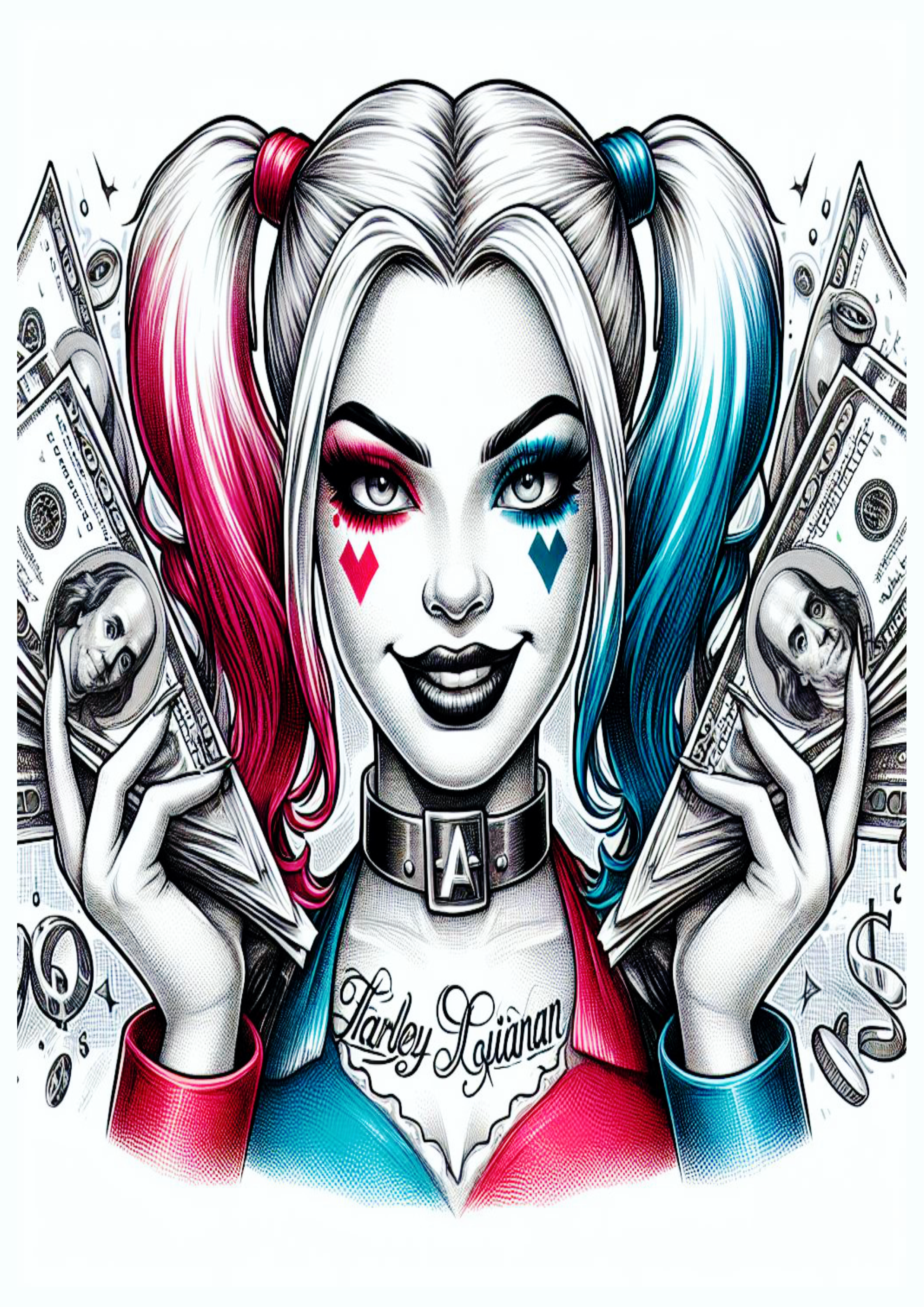 Desenho para tatuagem colorida Harley Quinn Arlequina dólares arte png