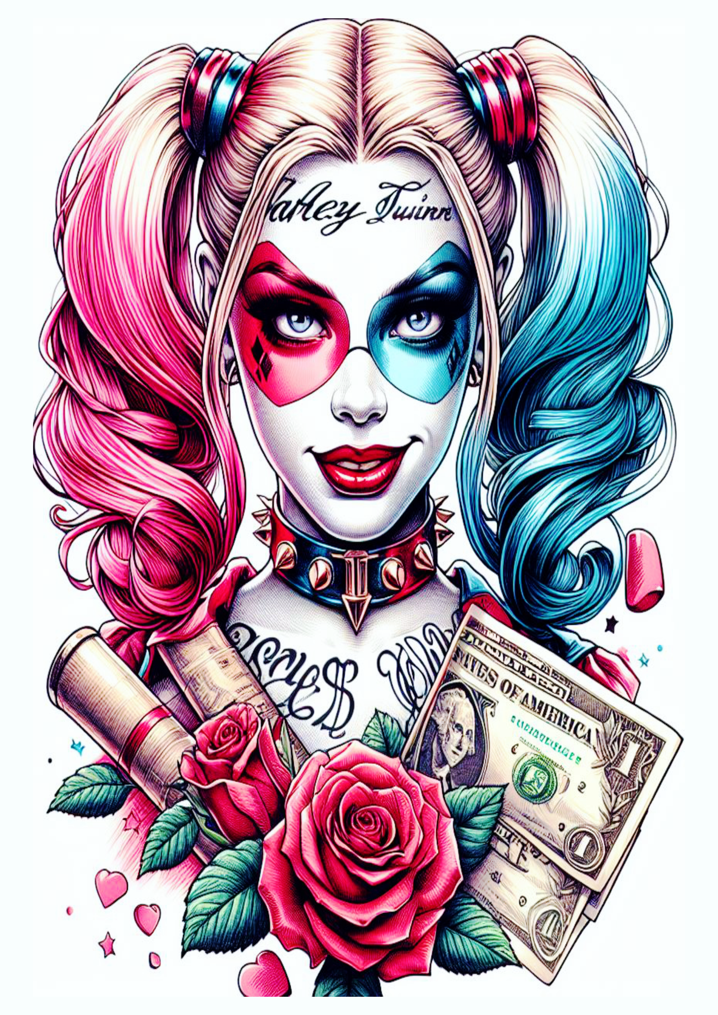 Desenho para tatuagem colorida Harley Quinn Arlequina dólares e flor png