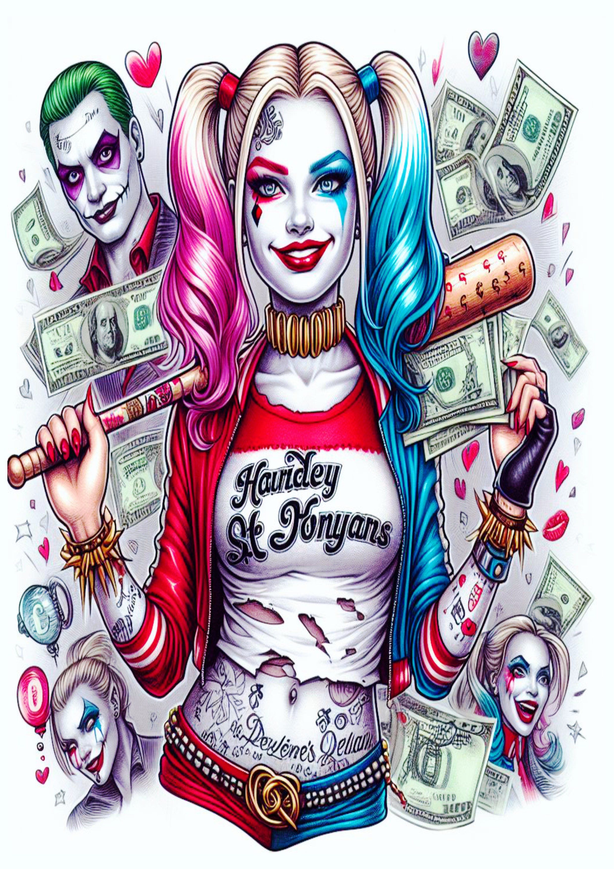 Desenho para tatuagem colorida Harley Quinn Arlequina e coringa dólares png