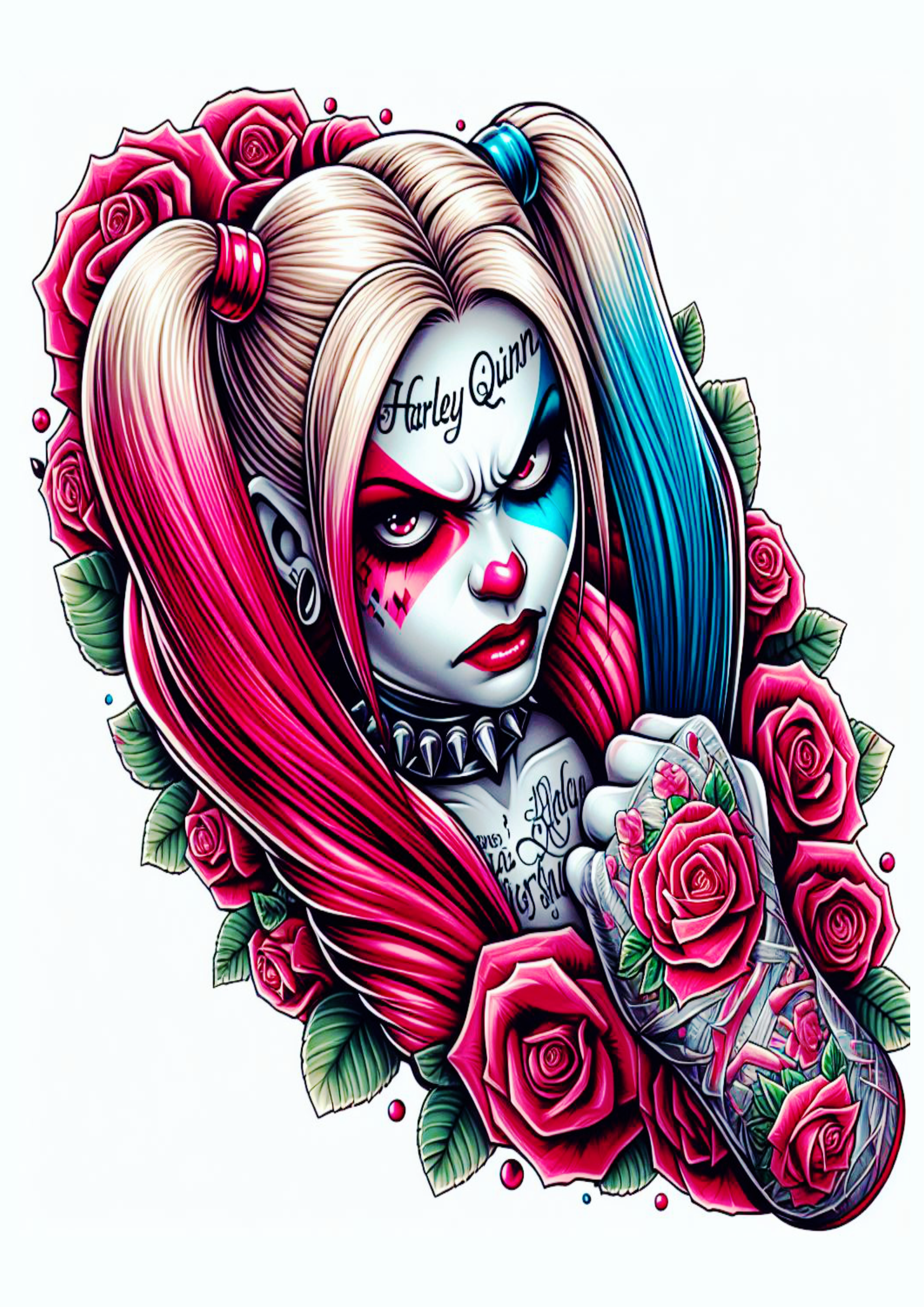 Desenho para tatuagem colorida Harley Quinn Arlequina brava flores png