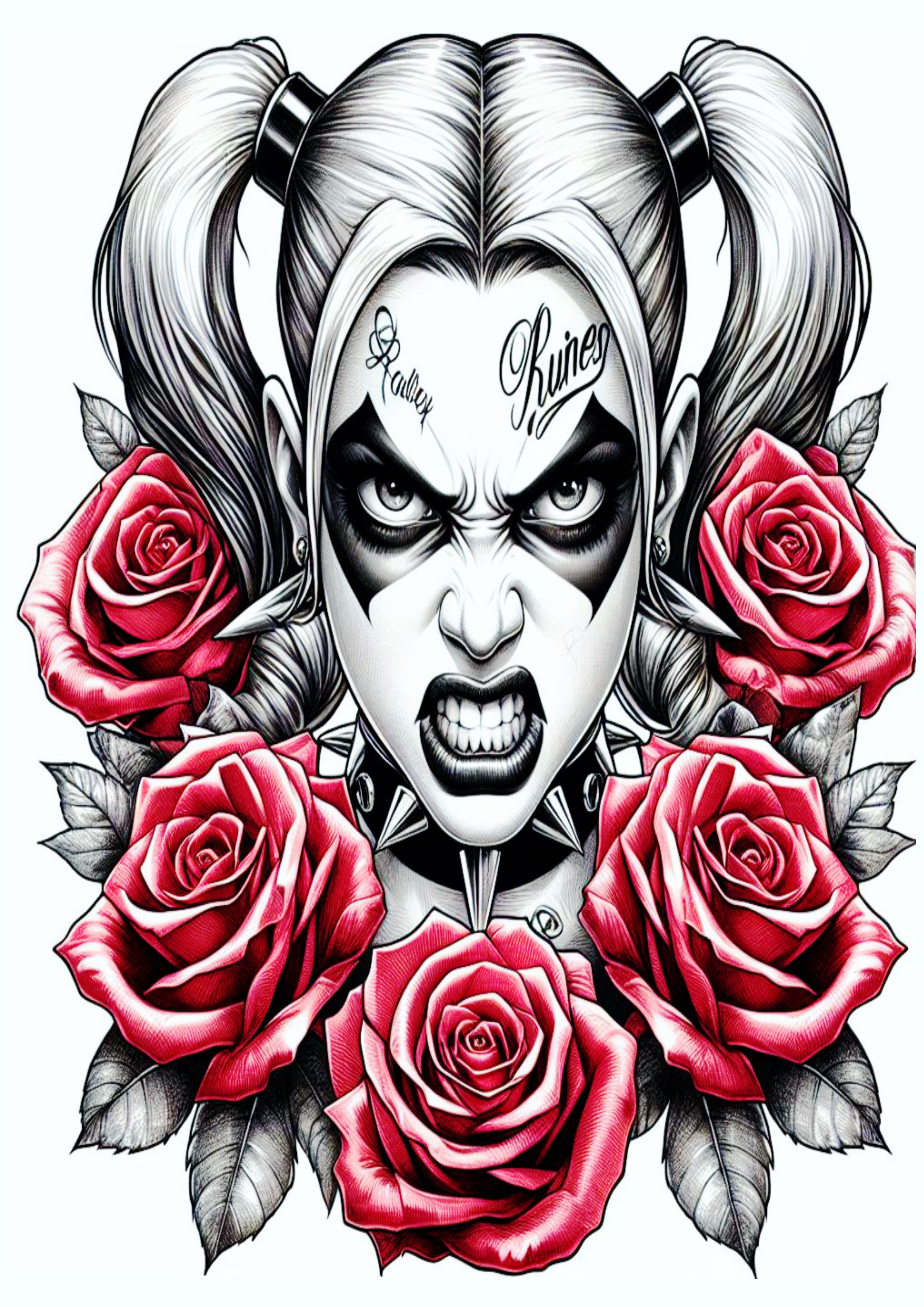 Desenho para tatuagem colorida Harley Quinn Arlequina brava flores artes visuais png