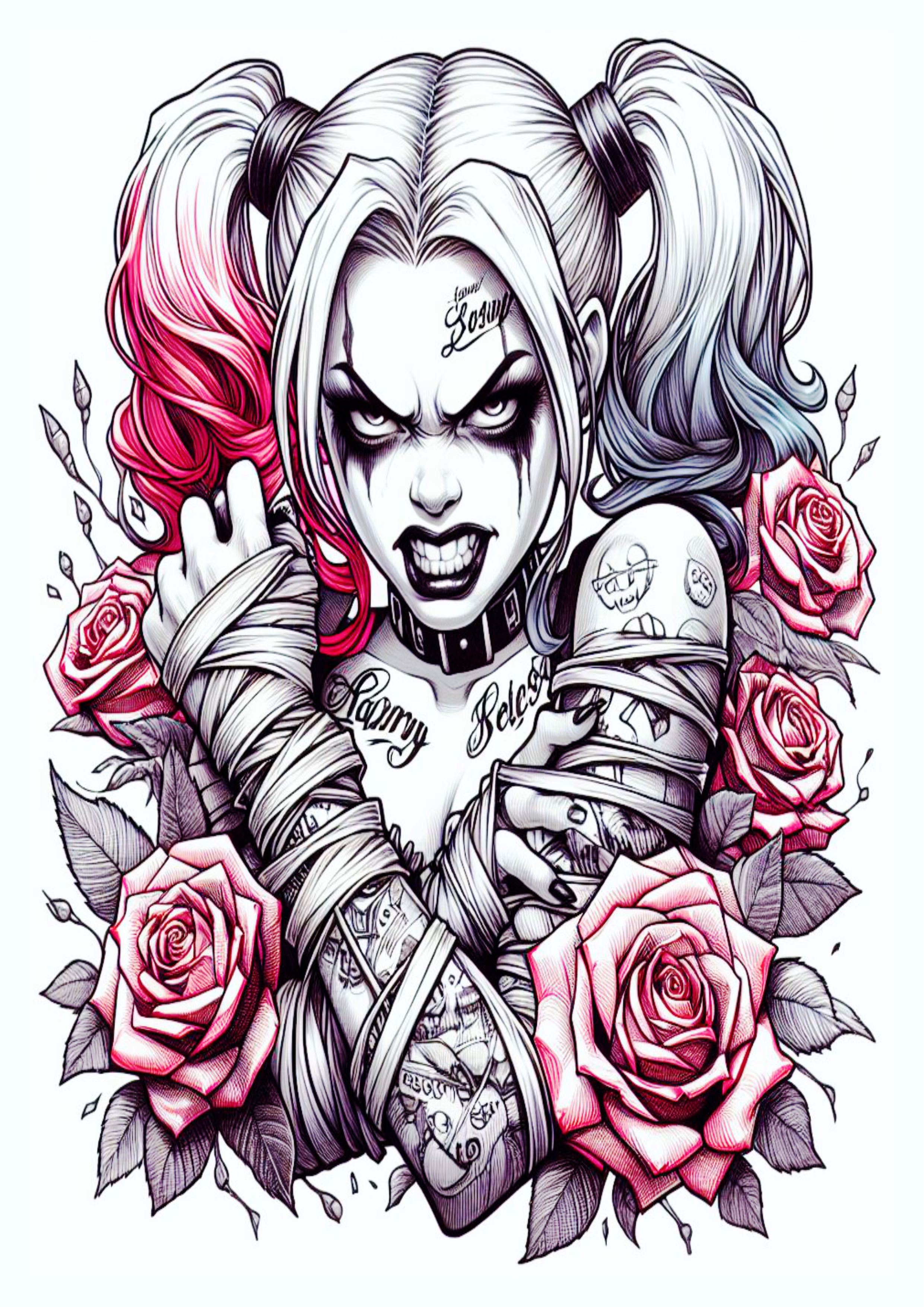 Desenho para tatuagem colorida Harley Quinn Arlequina brava flores artes visuais grátis png