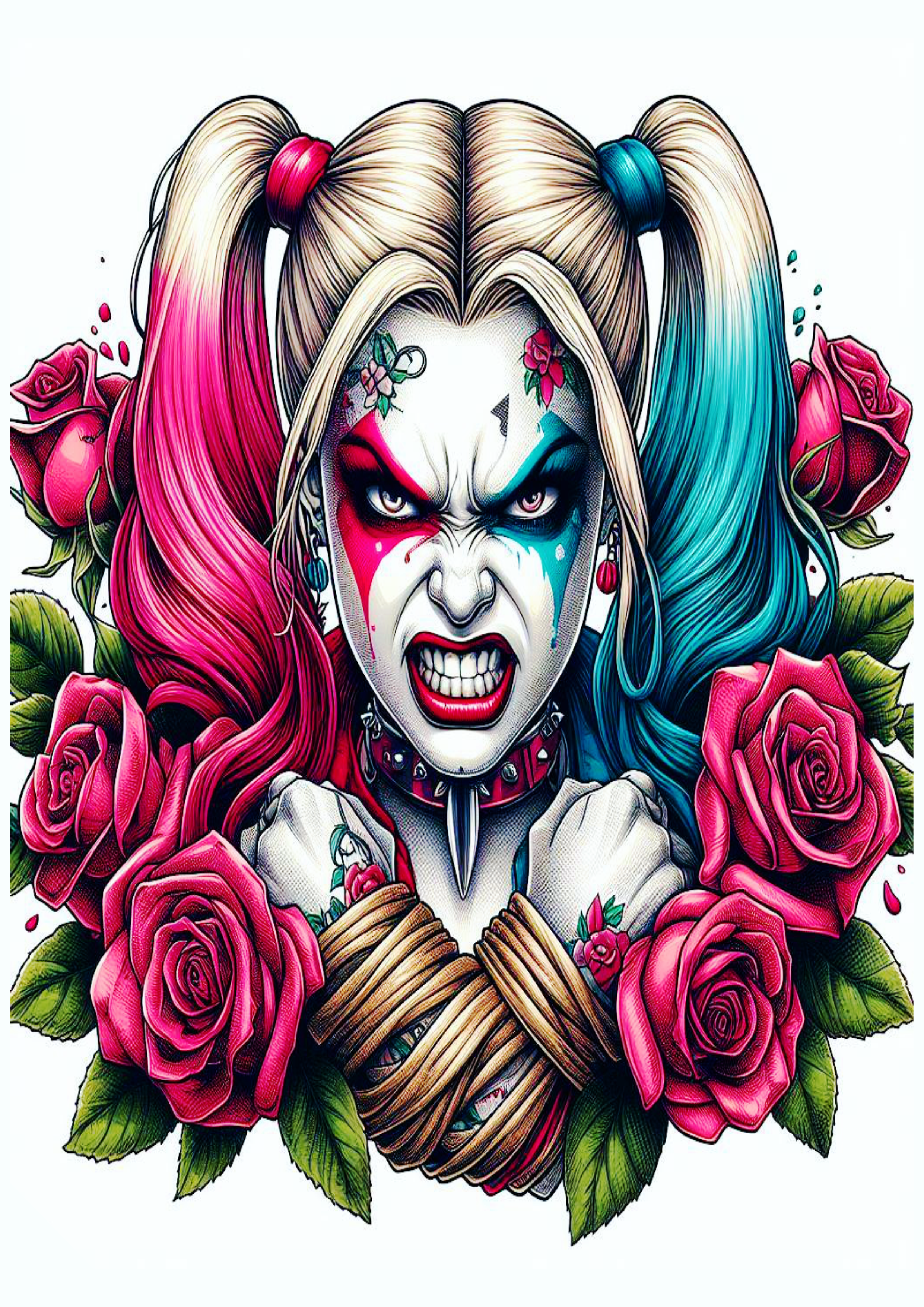 Desenho para tatuagem colorida Harley Quinn Arlequina brava flores artes visuais grátis para imprimir png