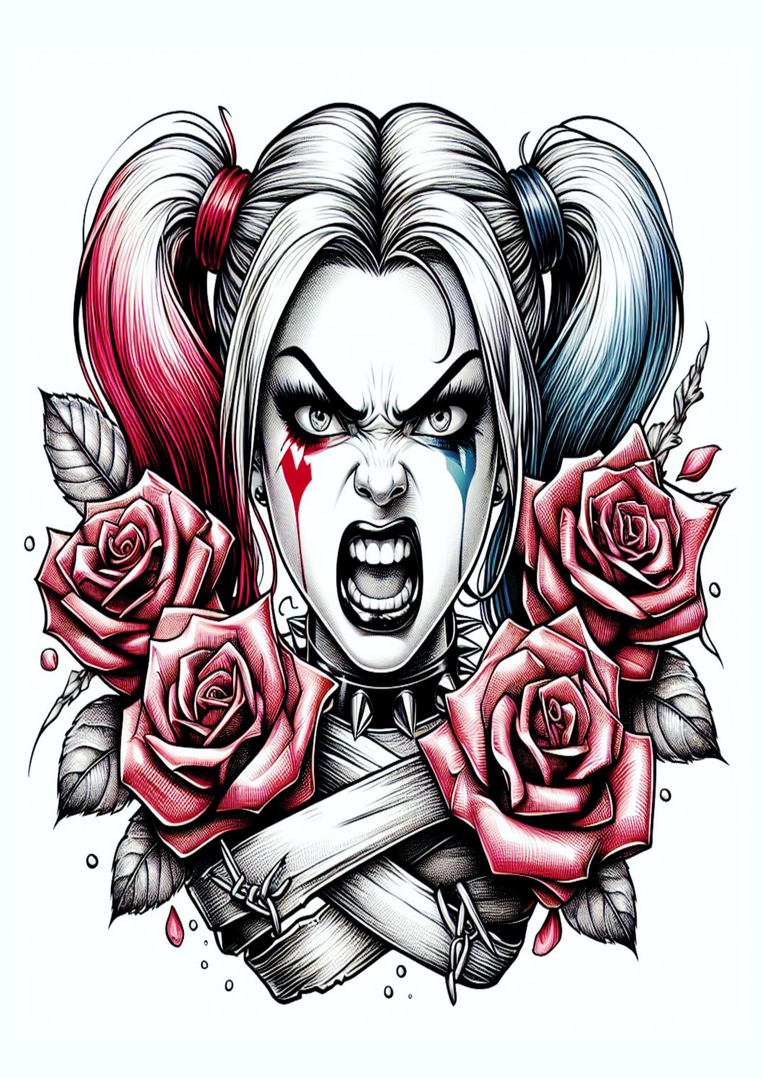Desenho para tatuagem colorida Harley Quinn Arlequina brava flores artes visuais grátis para imprimir free png