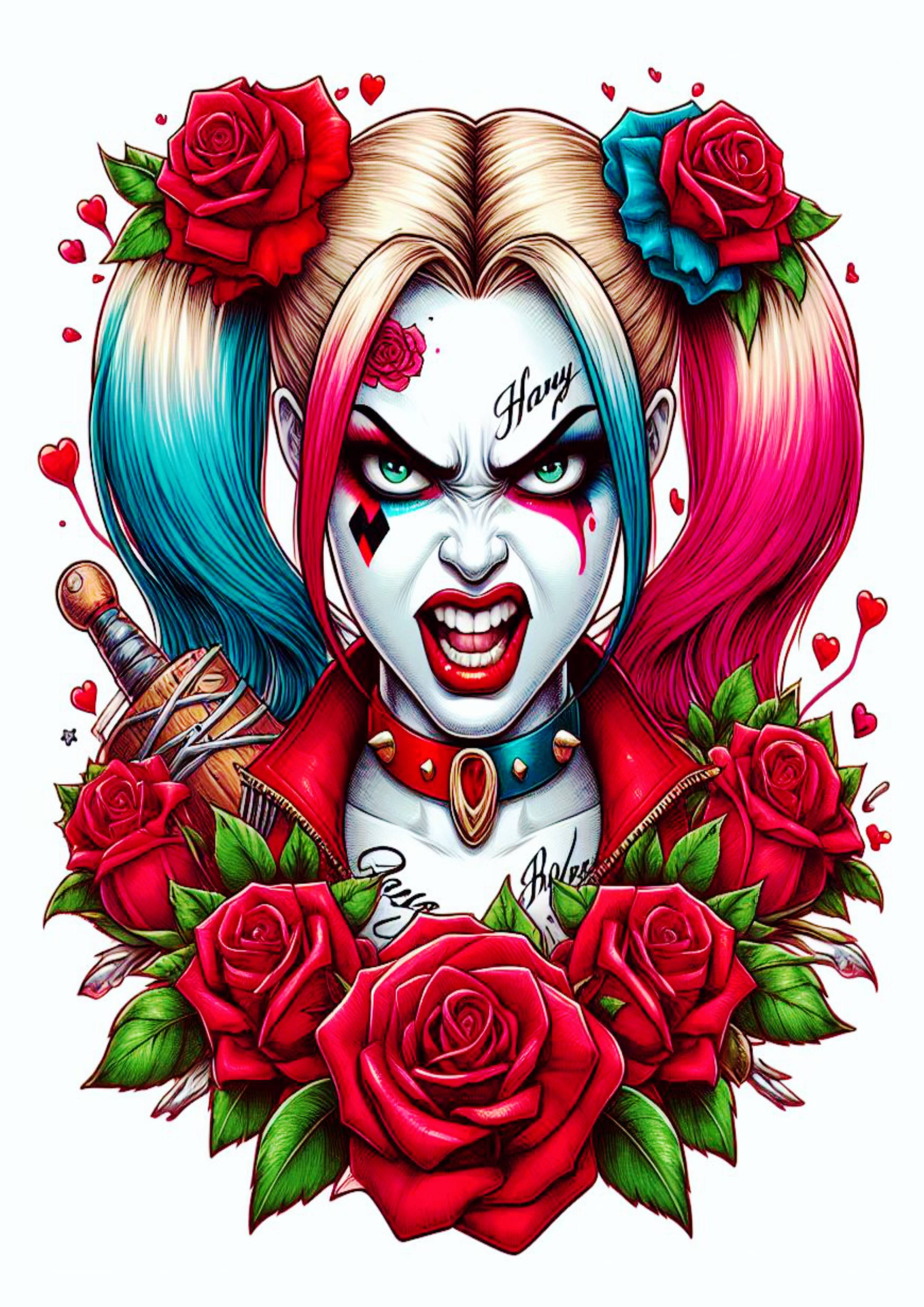 Desenho para tatuagem colorida Harley Quinn Arlequina brava flores artes visuais grátis para imprimir free louca png