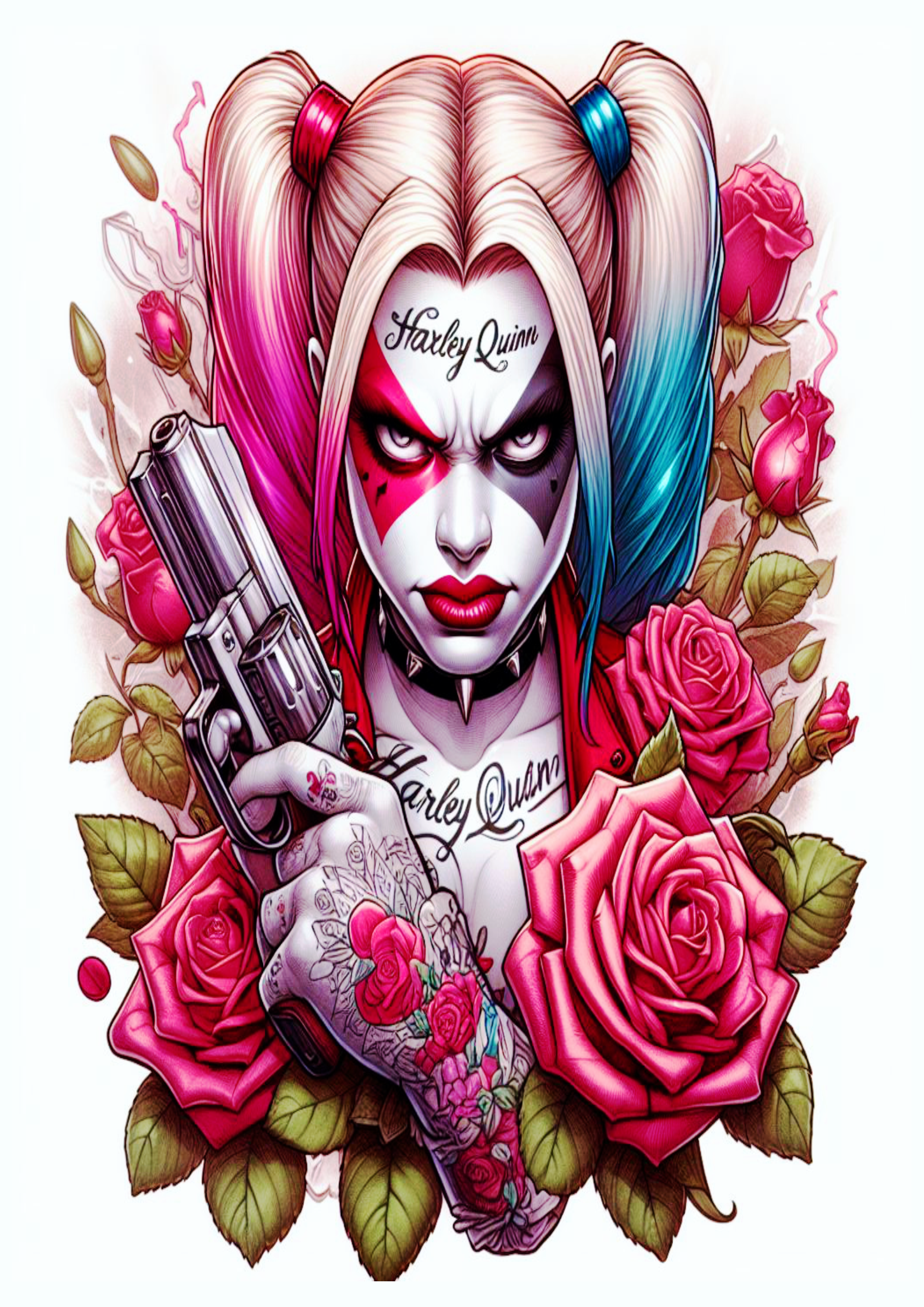 Desenho para tatuagem colorida Harley Quinn Arlequina com arma flores png
