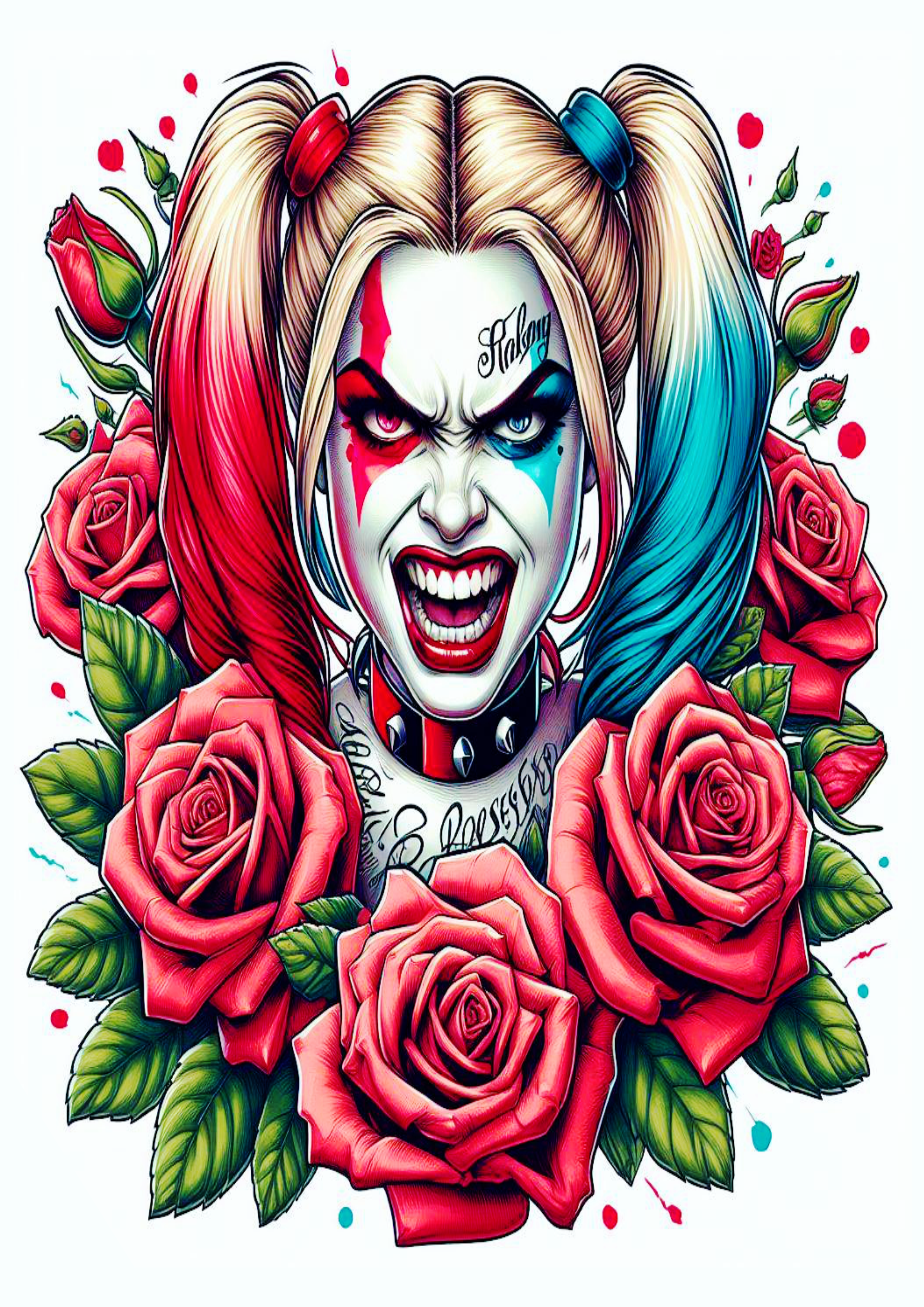 Desenho para tatuagem colorida Harley Quinn Arlequina com flores desenho artístico png