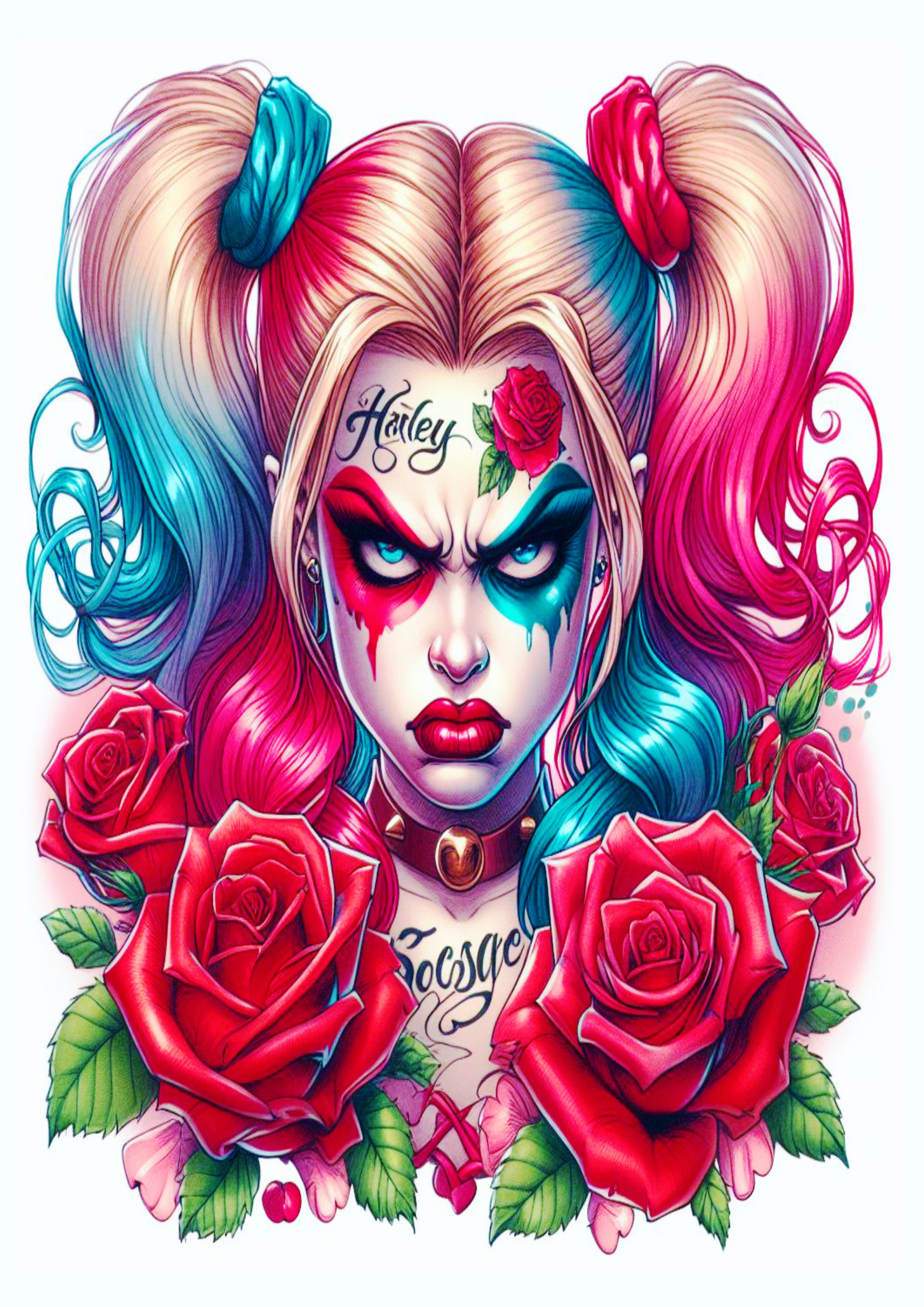 Desenho para tatuagem colorida Harley Quinn Arlequina com flores desenho artístico brava png