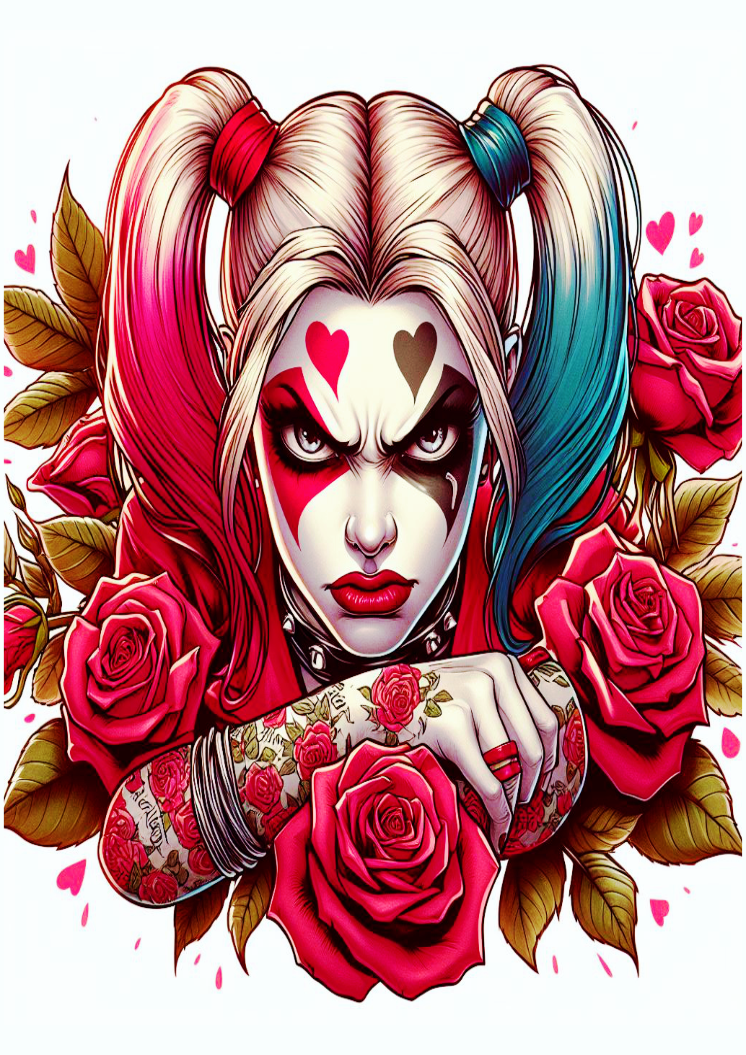 Desenho para tatuagem colorida Harley Quinn Arlequina com flores desenho artístico brava violenta png