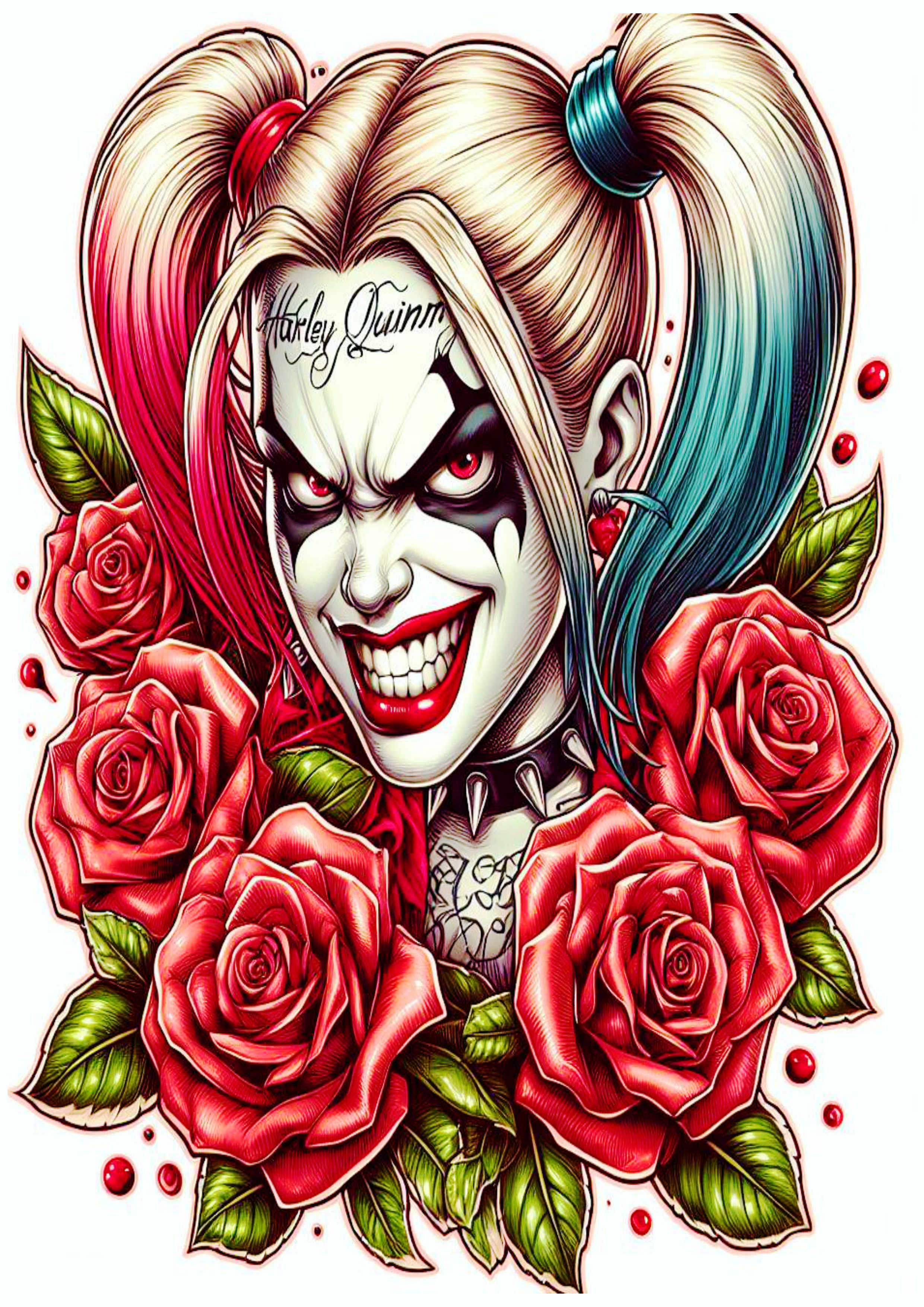 Desenho para tatuagem colorida Harley Quinn Arlequina com flores desenho artístico brava violenta psicopata png