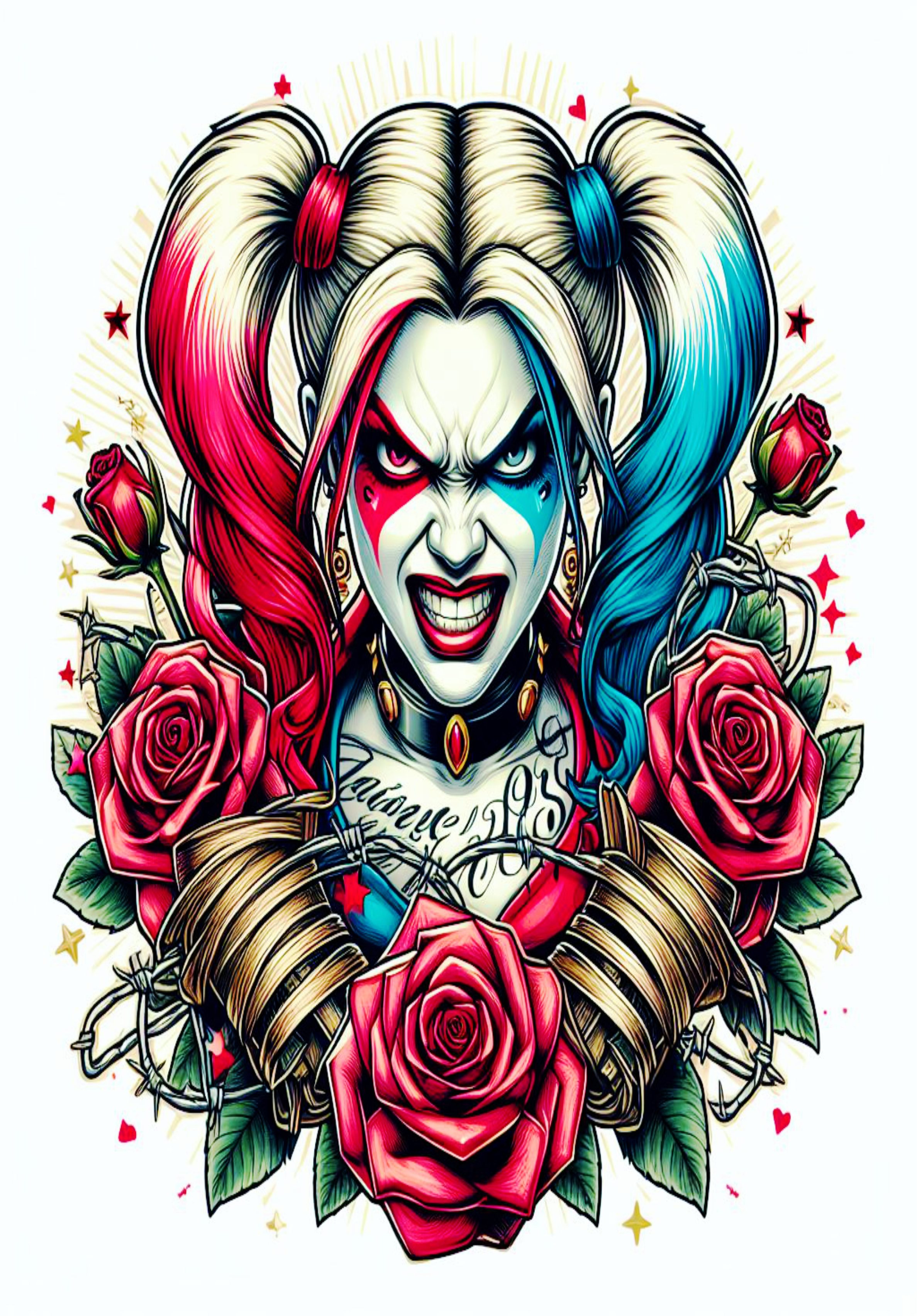 Desenho para tatuagem colorida Harley Quinn Arlequina com flores desenho artístico brava violenta psicopata artes png