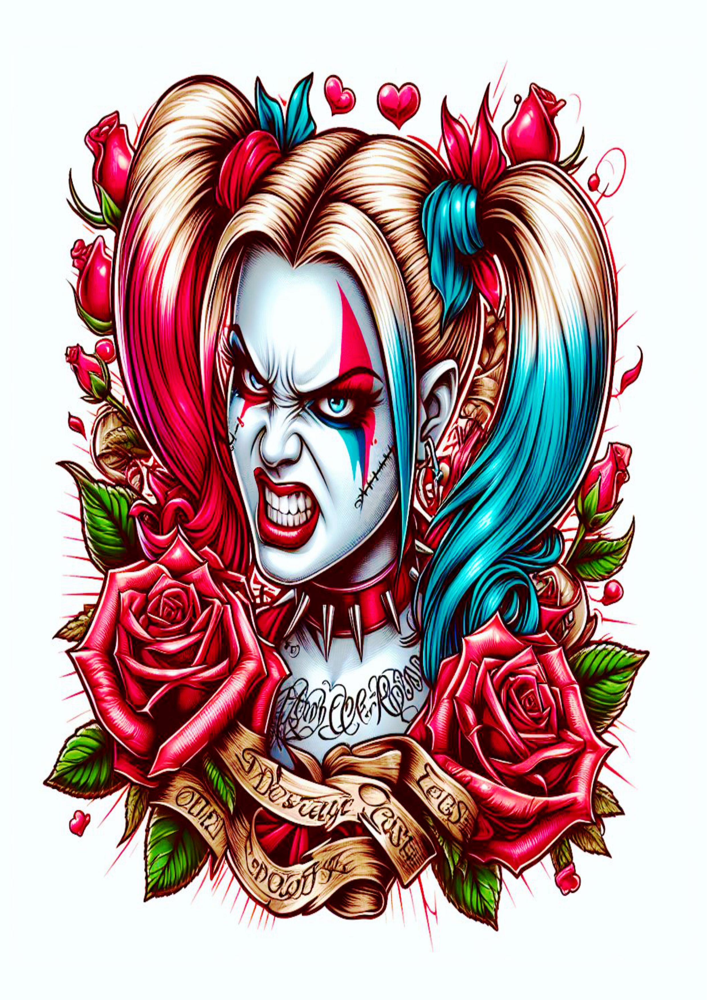 Desenho para tatuagem colorida Harley Quinn Arlequina com flores desenho artístico brava violenta psicopata artes visuais png