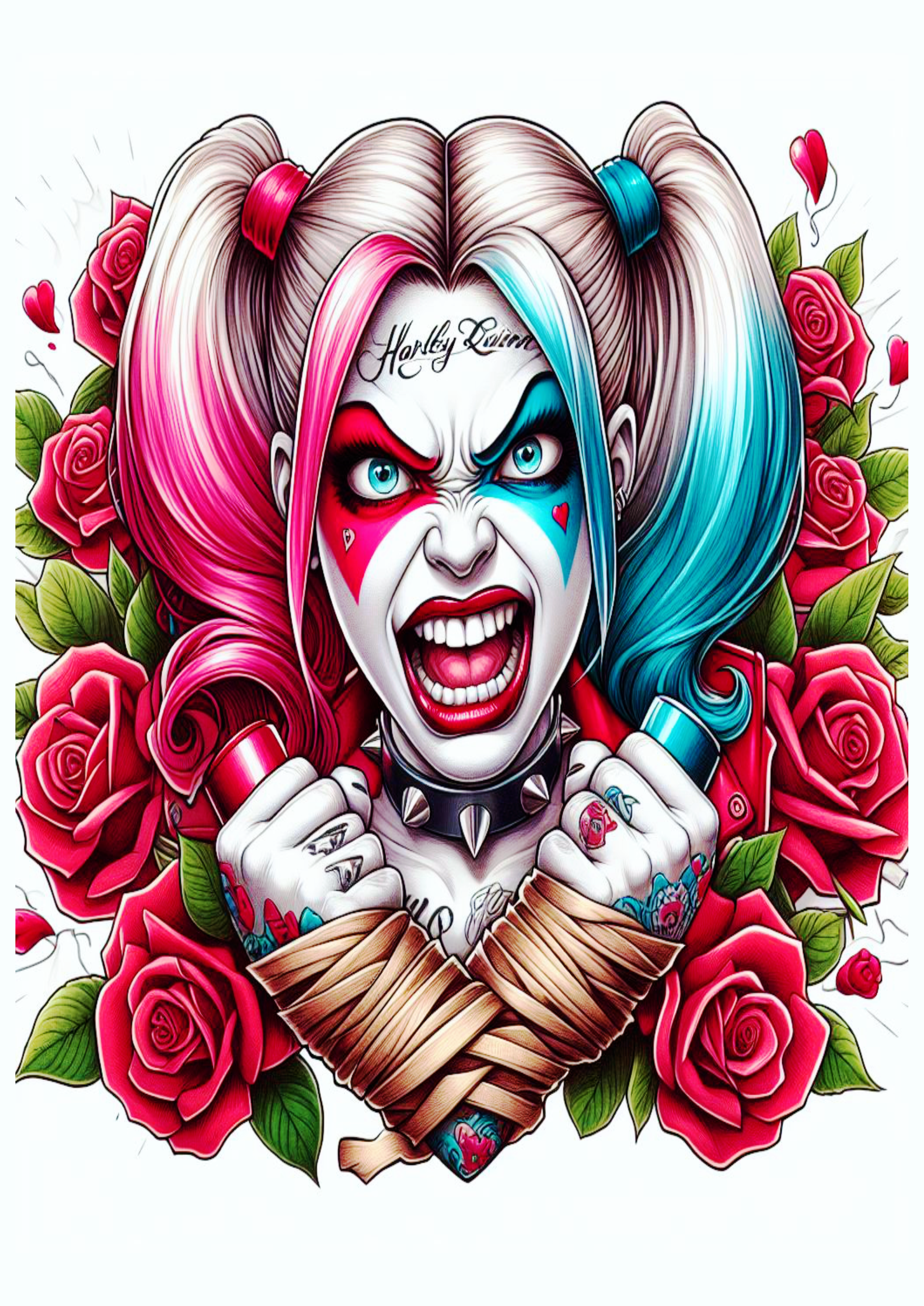 Desenho para tatuagem colorida Harley Quinn Arlequina com flores desenho artístico brava violenta psicopata dc comics png