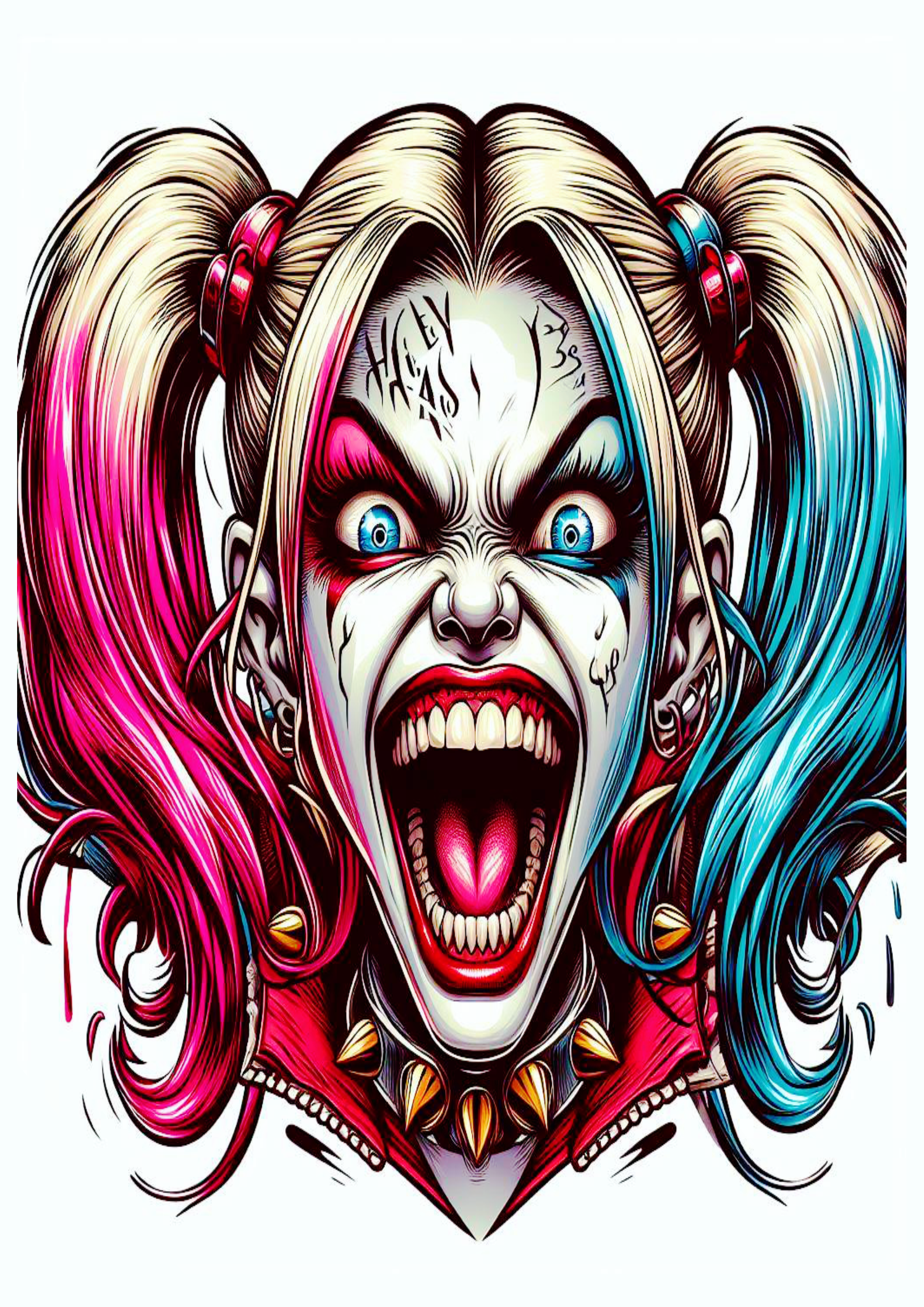 Desenho para tatuagem colorida Harley Quinn Arlequina com flores desenho artístico brava violenta psicopata dc comics grito png
