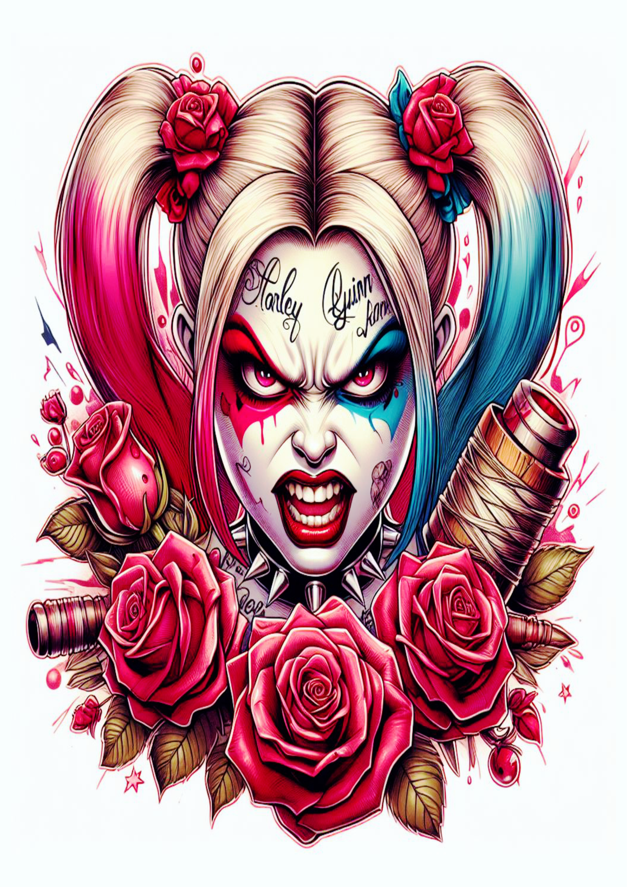 Desenho para tatuagem colorida Harley Quinn Arlequina com flores desenho artístico brava violenta psicopata dc comics riscos png