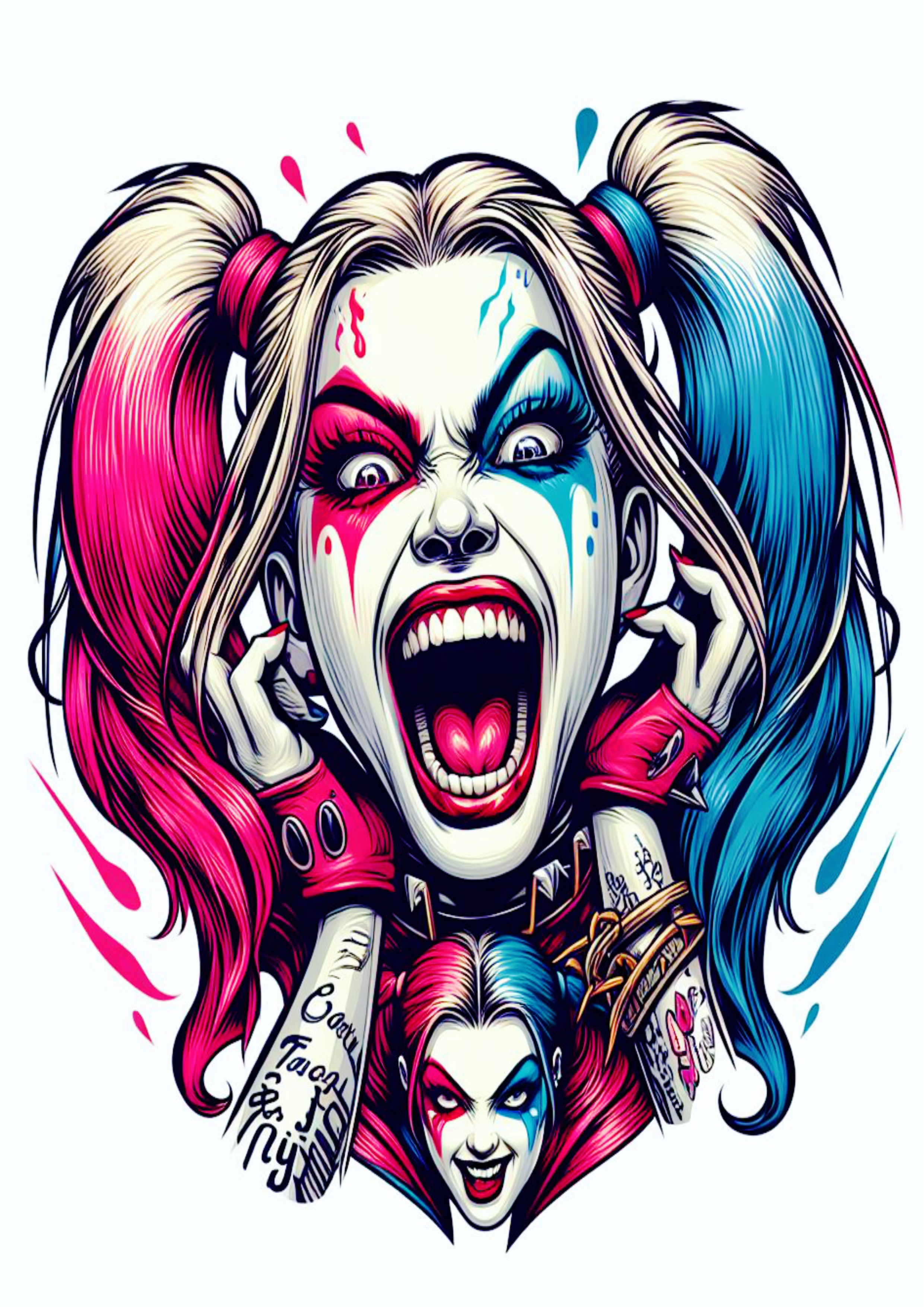 Arlequina desenho colorido para tatuagem Harley Quinn grito png