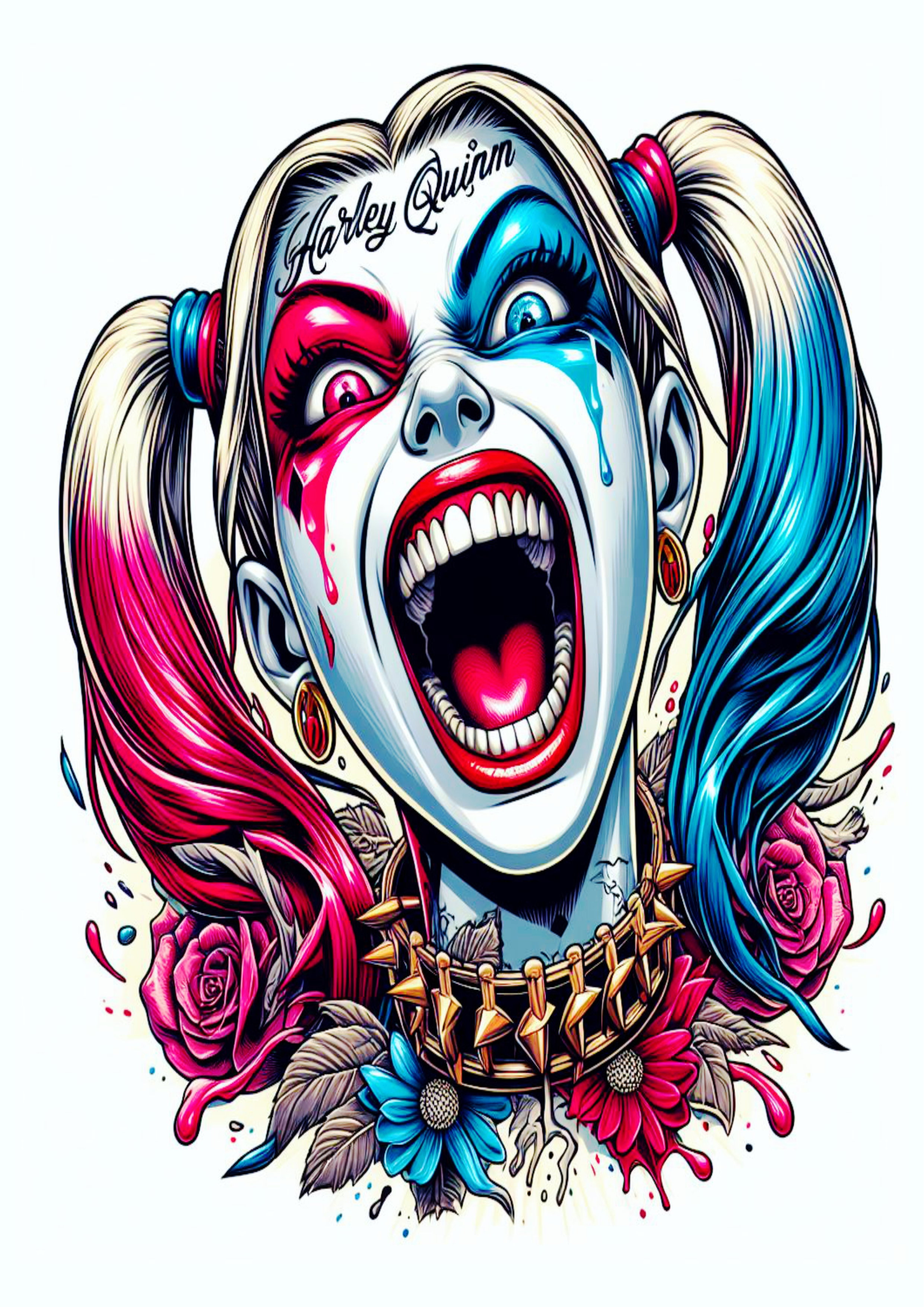 Arlequina desenho colorido para tatuagem Harley Quinn gritando png