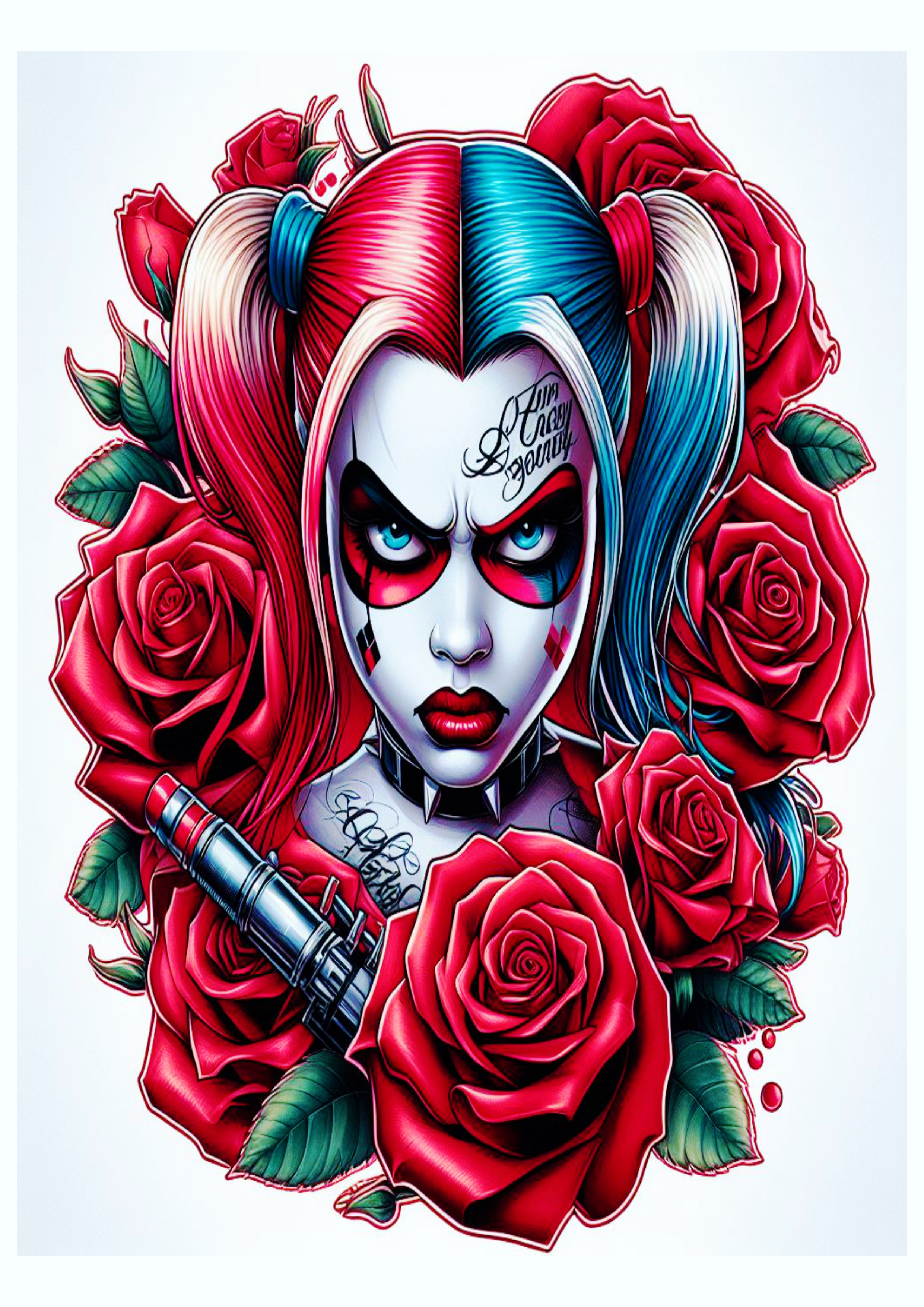 Arlequina desenho colorido para tatuagem Harley Quinn gritando flores png