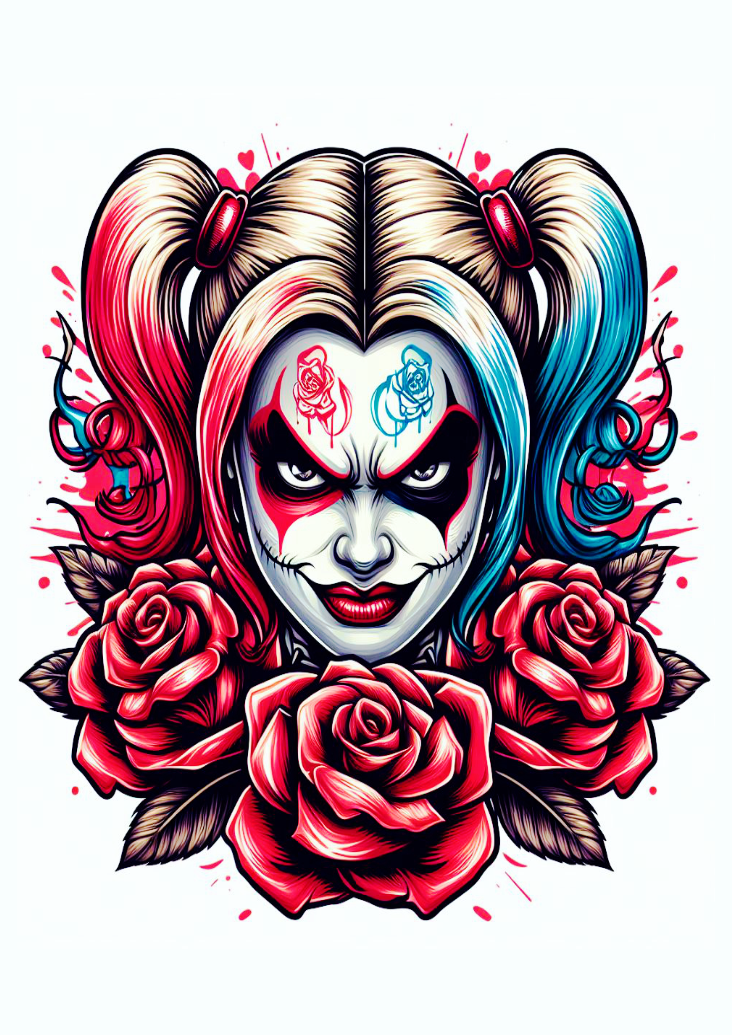 Arlequina desenho colorido para tatuagem Harley Quinn macabra flores png