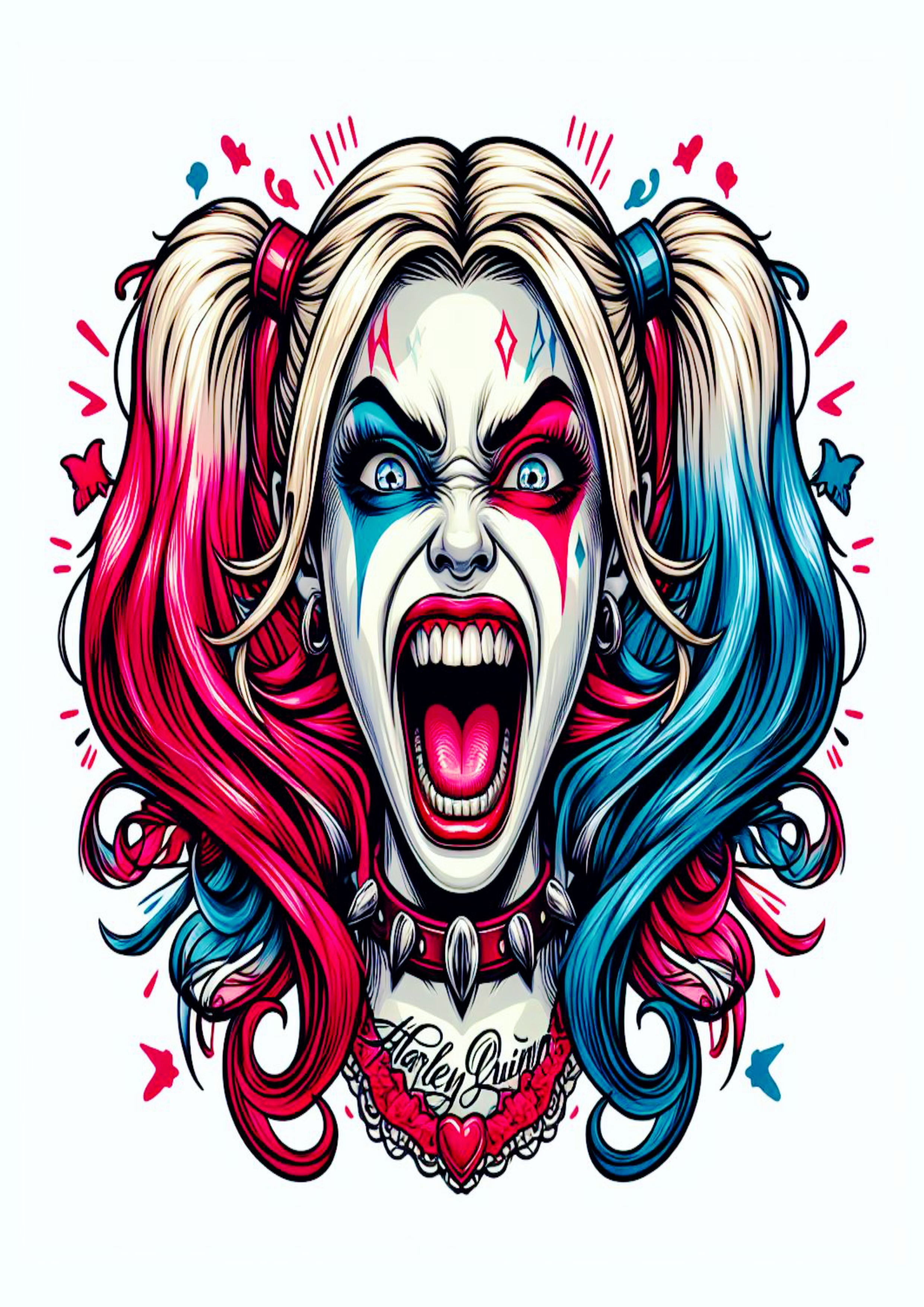 Arlequina desenho colorido para tatuagem Harley Quinn gritando dc comics artes visuais png