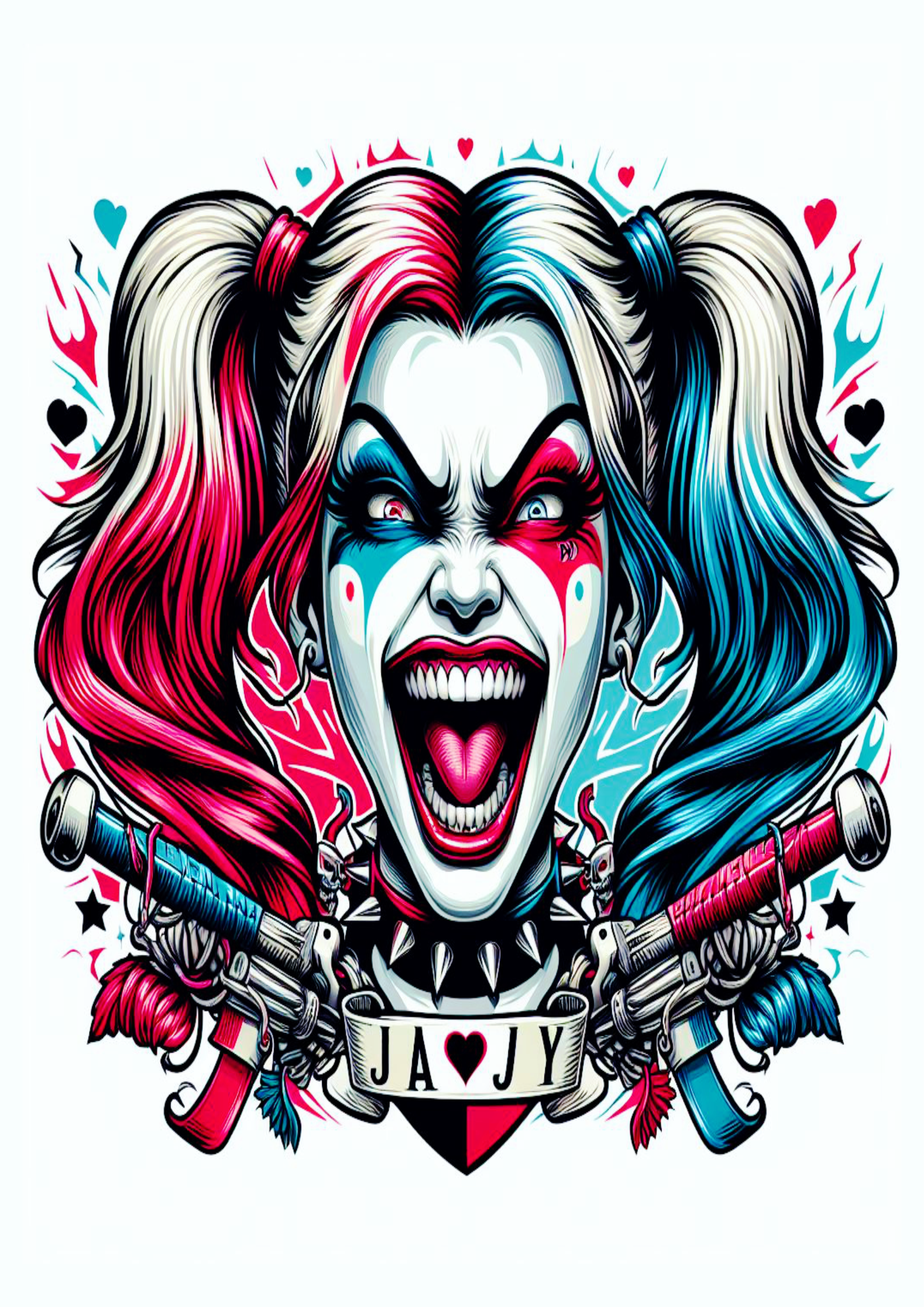 Arlequina desenho colorido para tatuagem Harley Quinn bastões dc comics artes visuais png