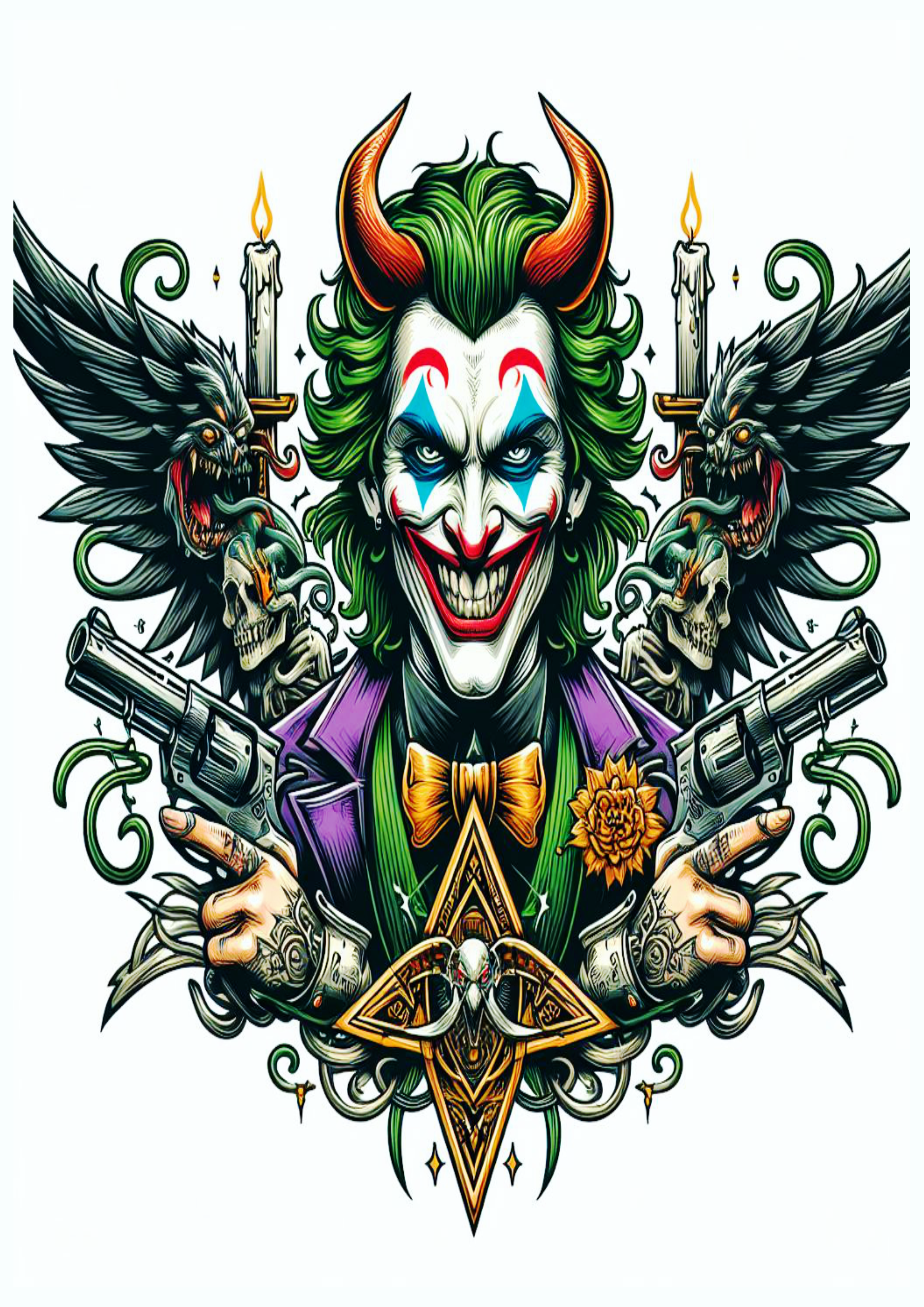 Tatuagem realista Coringa Joker demônio de chifres e armas png