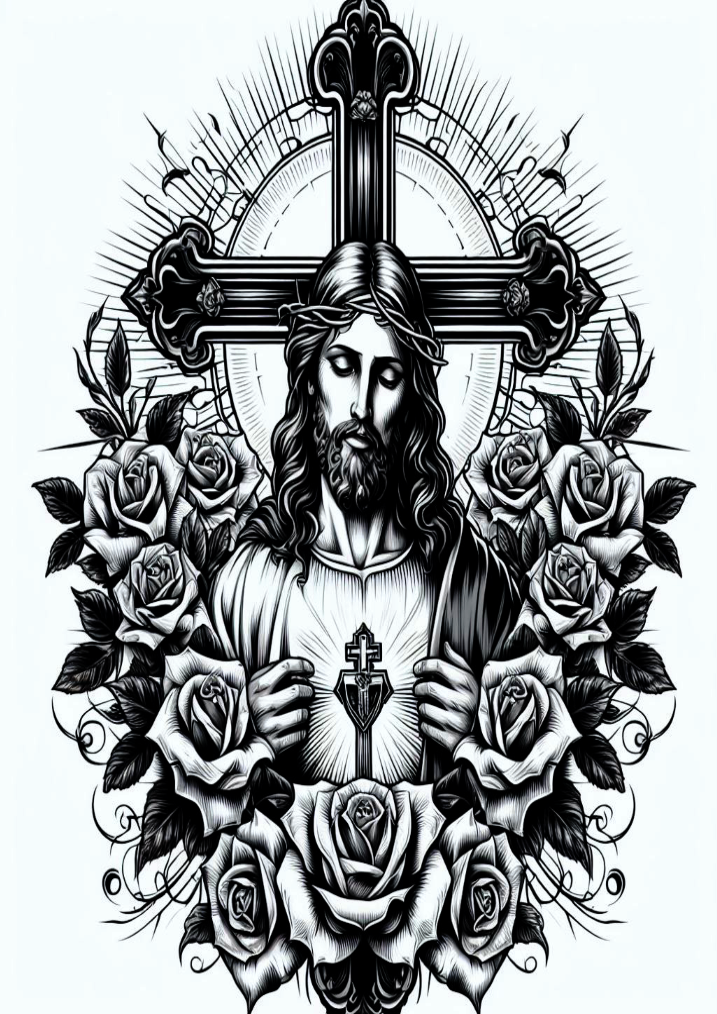 Ideia para tatuagem religiosa Jesus Cristo flores png image tatoo realista artes visuais monocromático