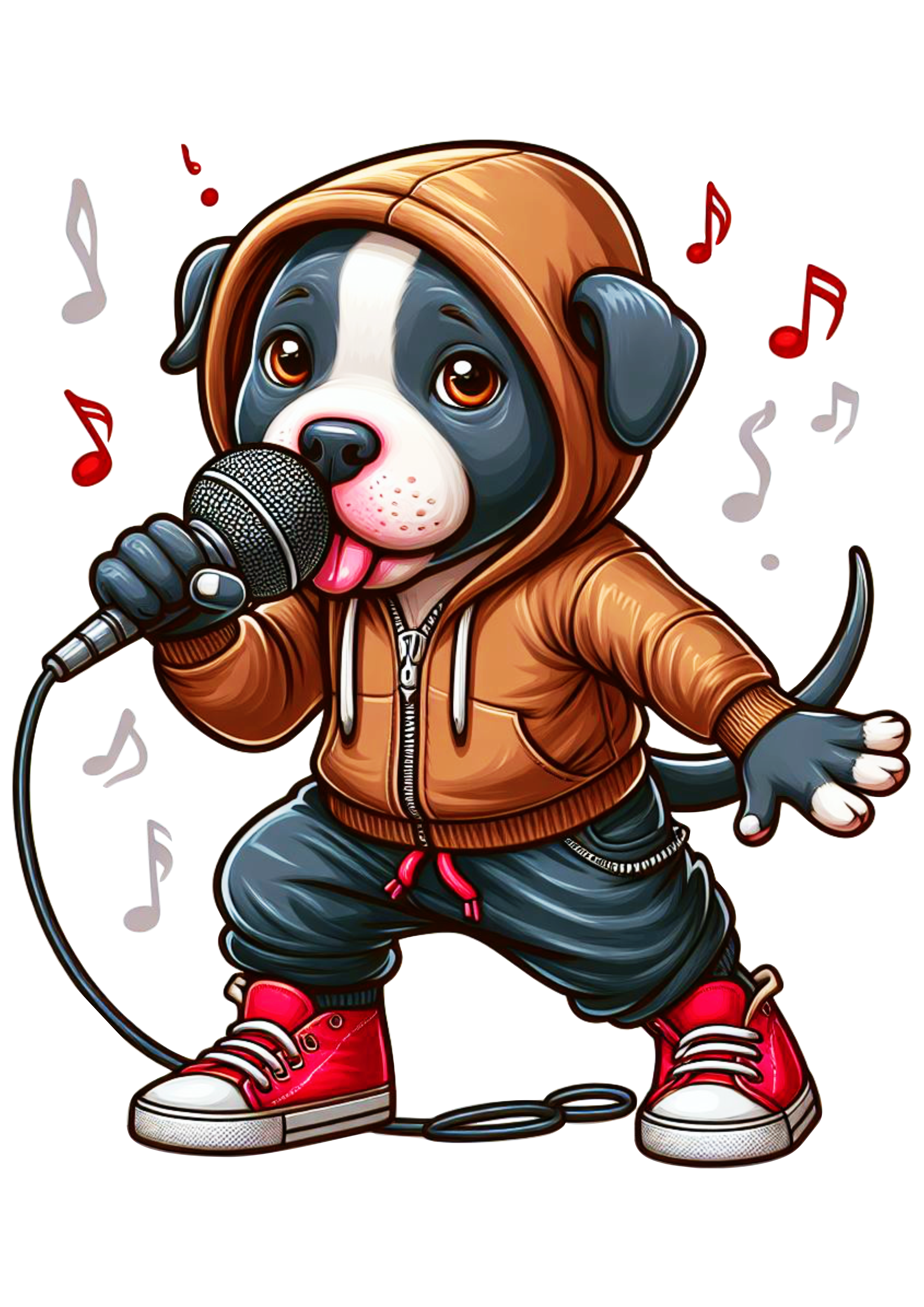 Cachorrinho cantando rap pitbull com roupa estilosa tênis all star moletom png