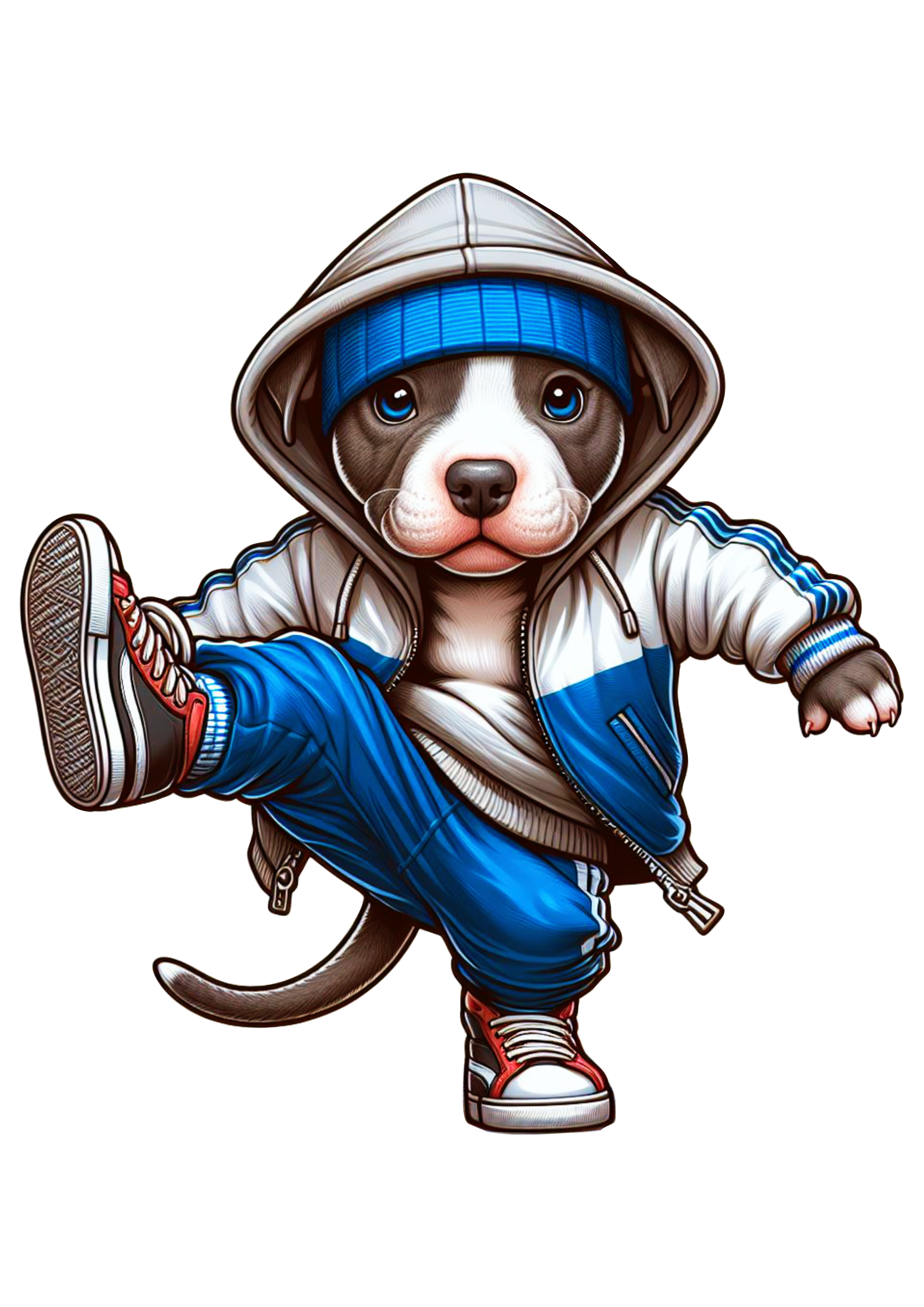 Pitbull cachorro fofinho de moletom azul dançando breakdance Power move png