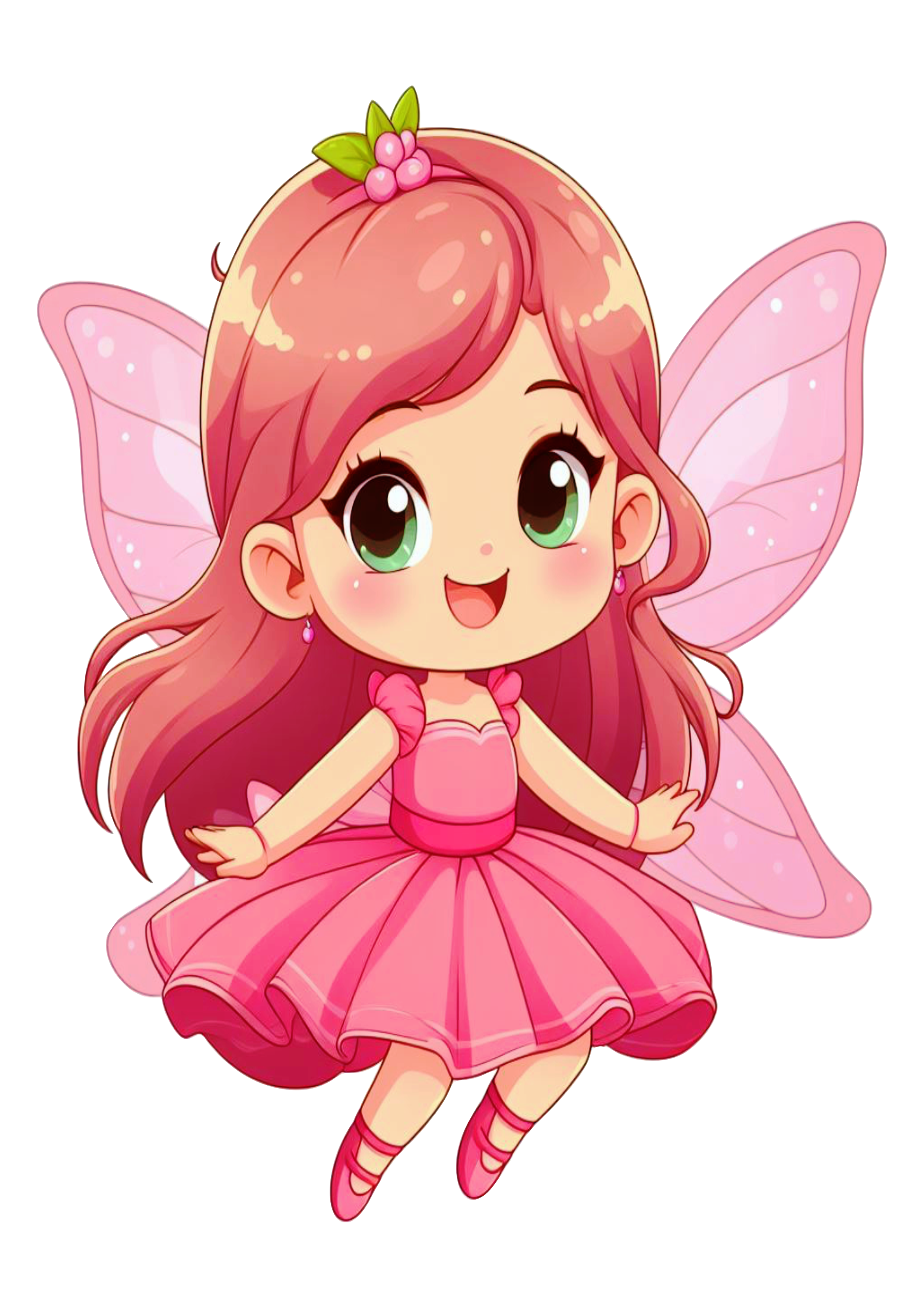 Fada rosa com asas voando personagem mítico cabelos longos desenho infantil png