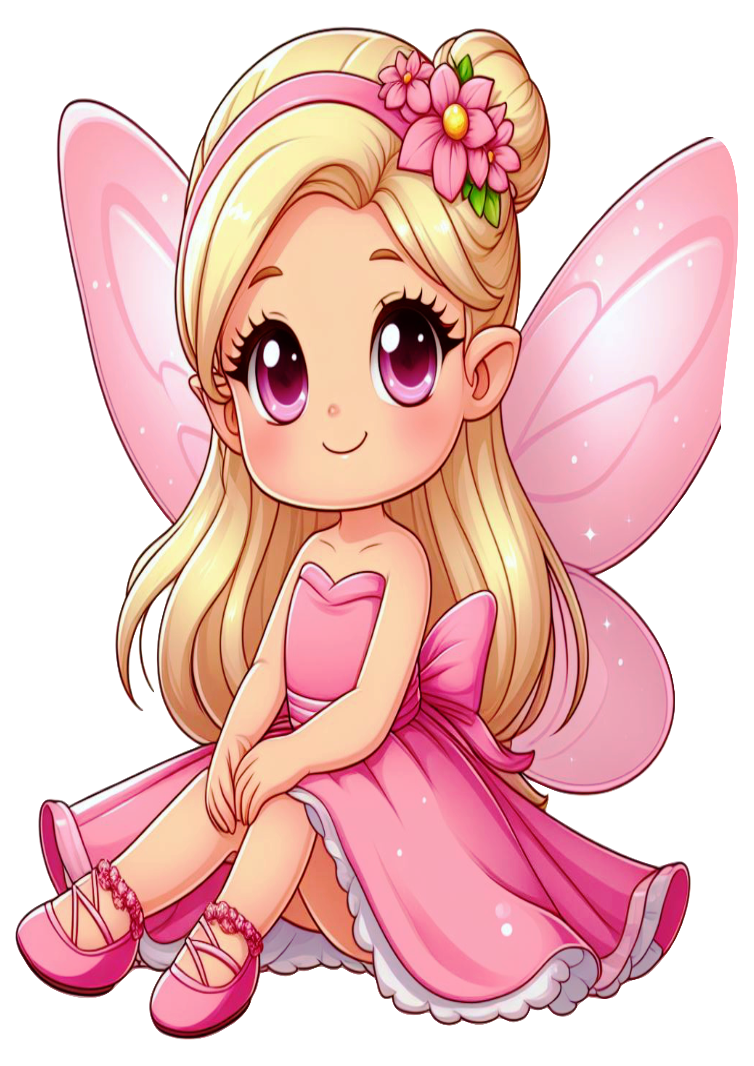 Fada rosa com asas sentada personagem mítico cabelos longos loirinha png