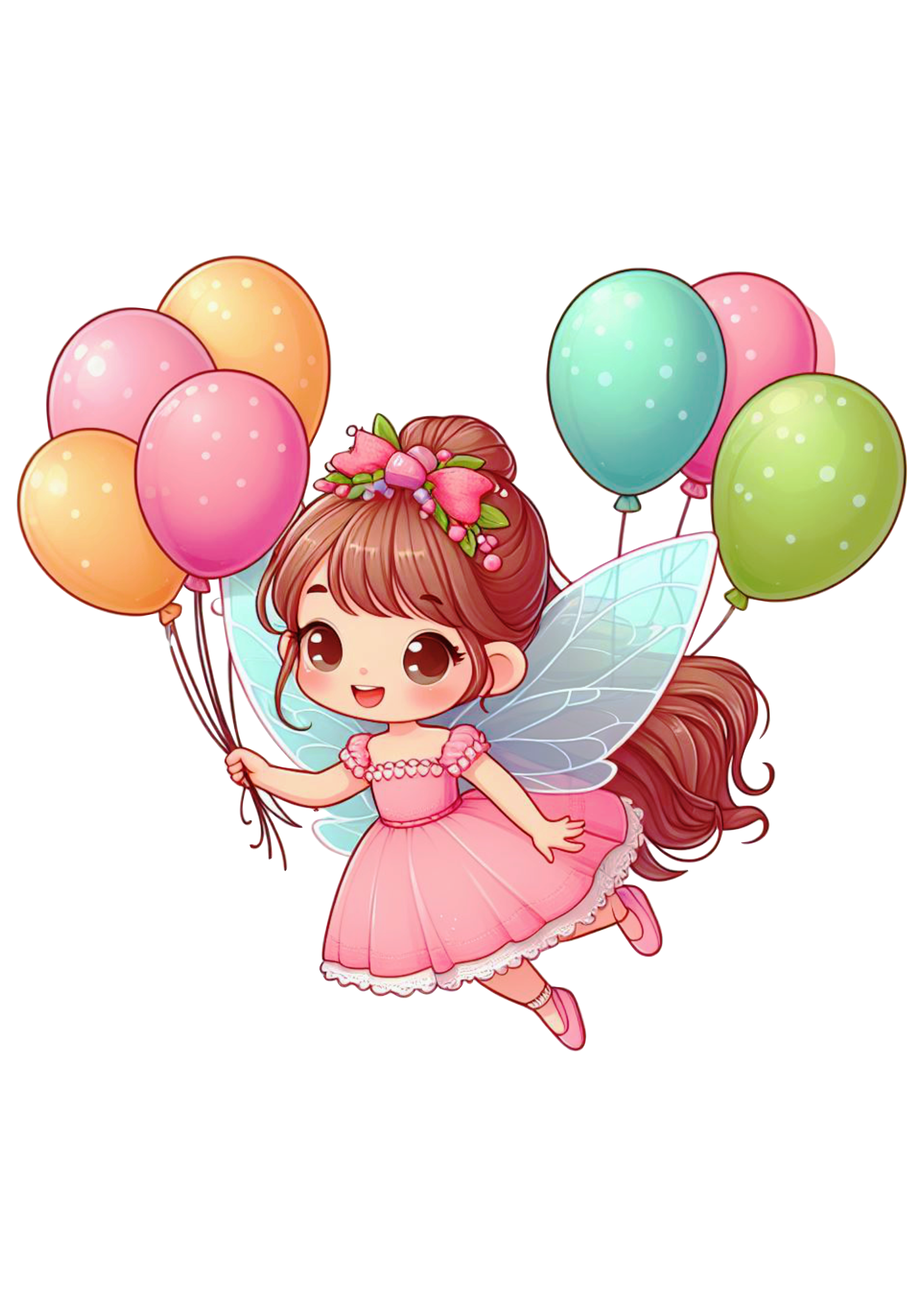 Fada com vestido rosa cute segurando balões de aniversário png